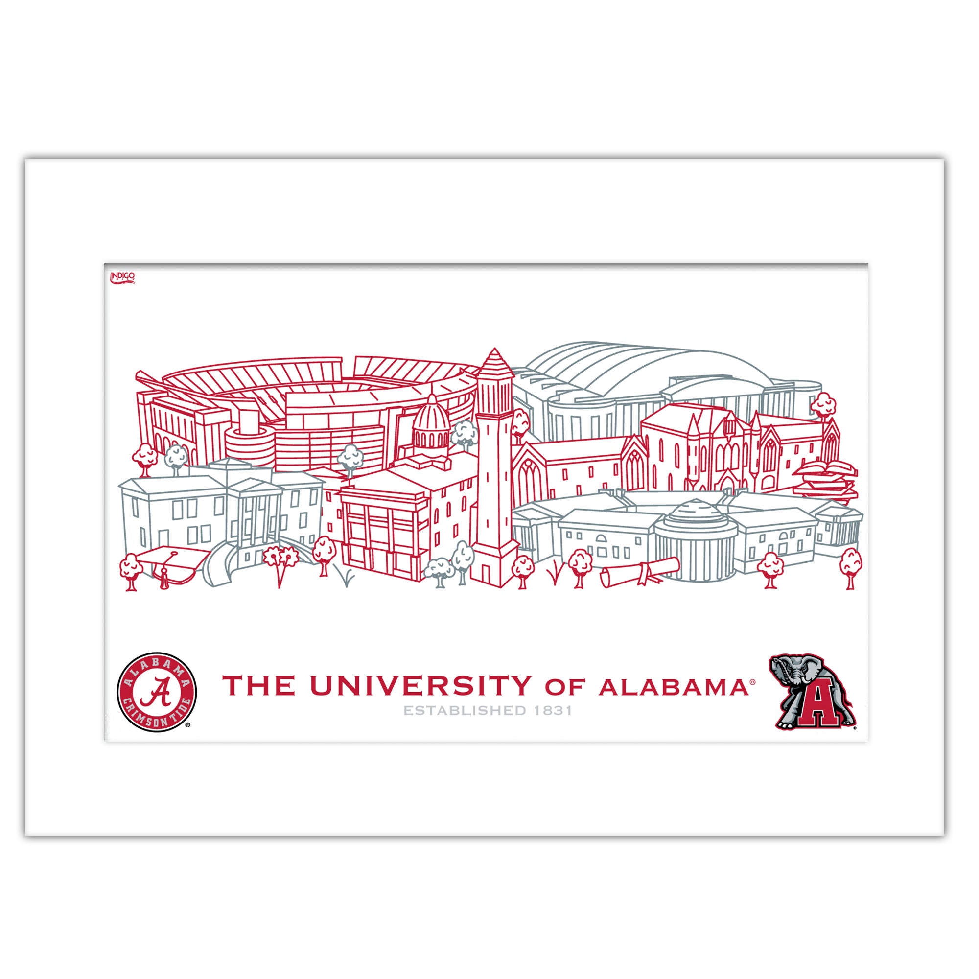Alabama Crimson Tide Matted Campus Line Wall Art 11" x 14"