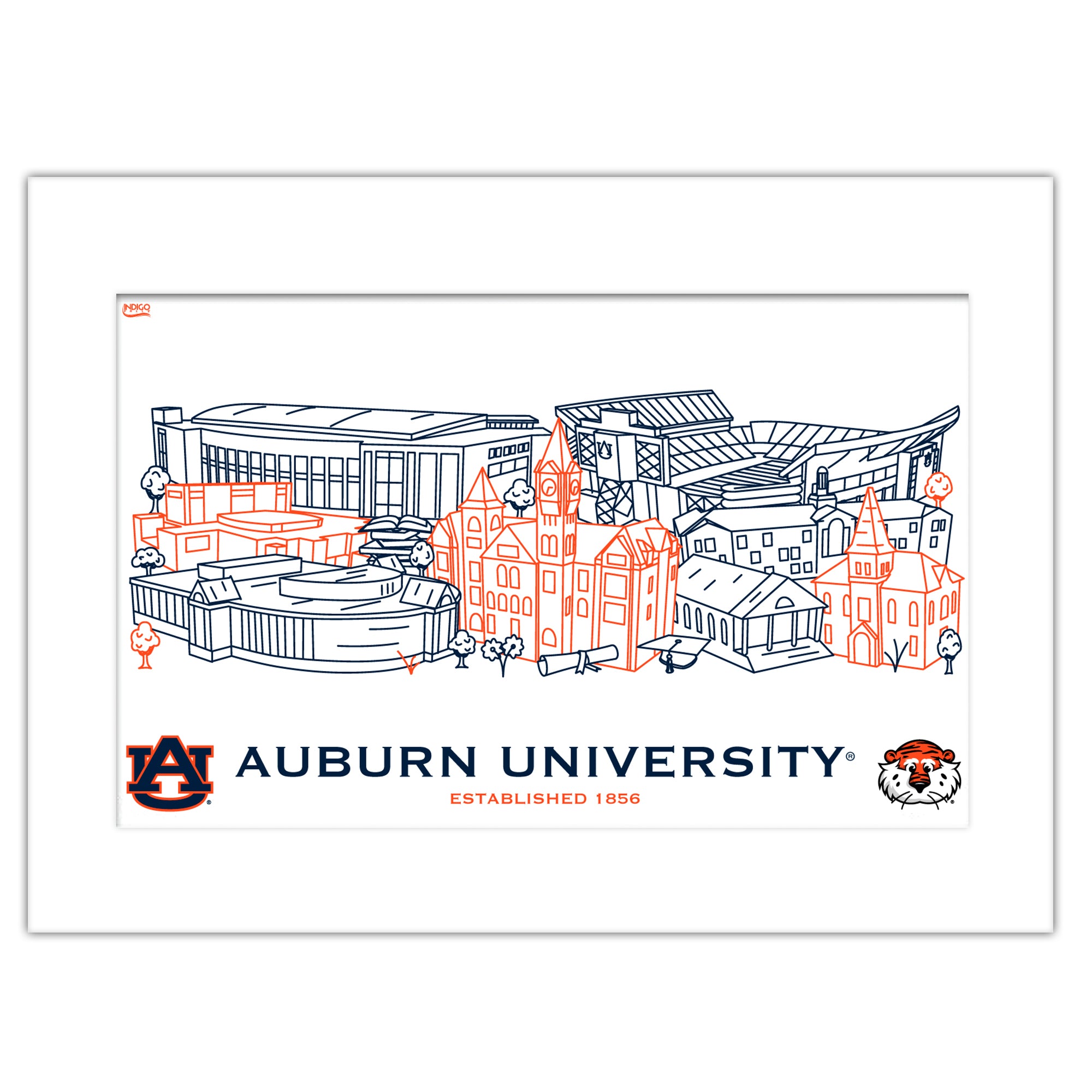 Auburn Tigers Matted Campus Line Wall Art 11" x 14"