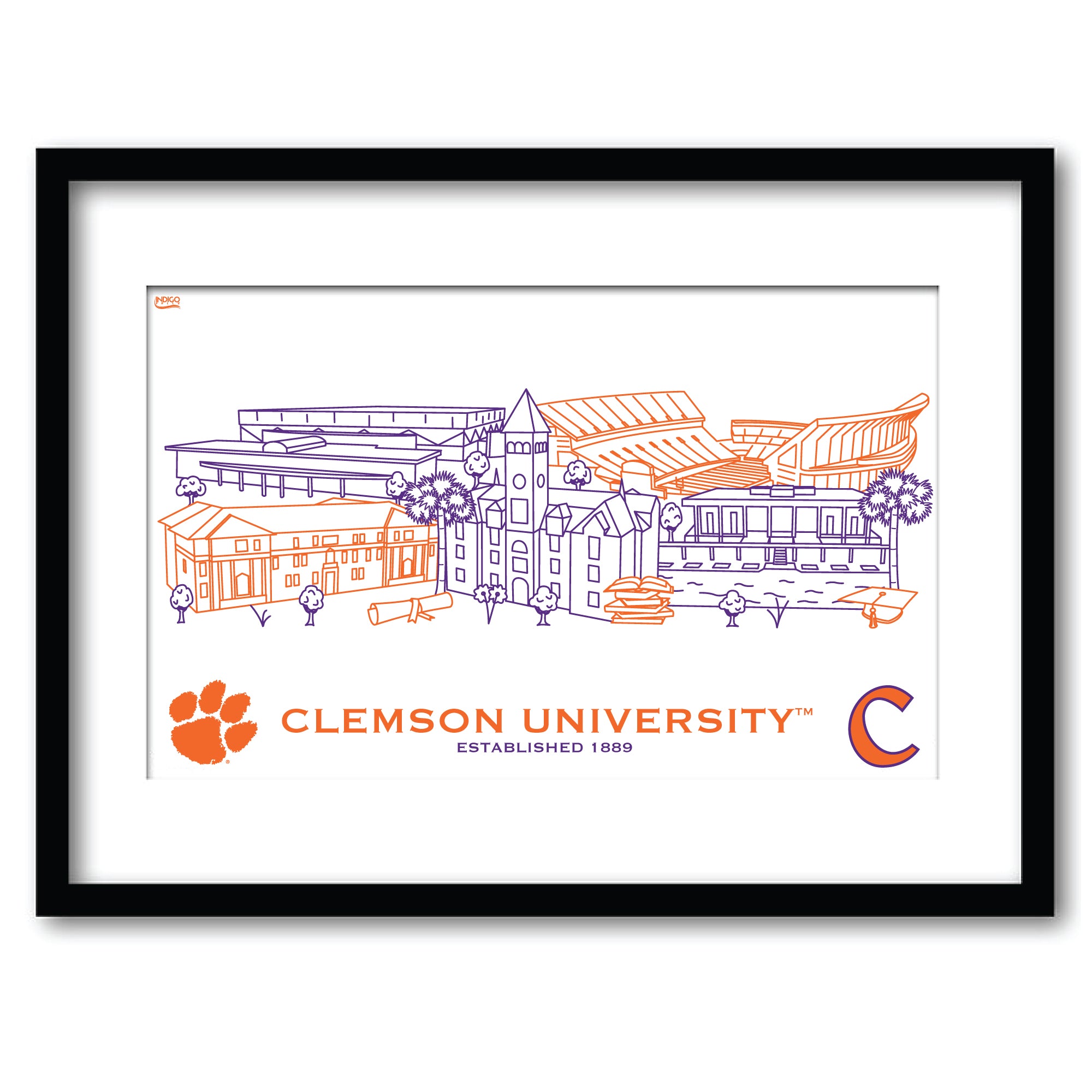 Clemson Tigers Framed Campus Line Wall Art 11" x 14"