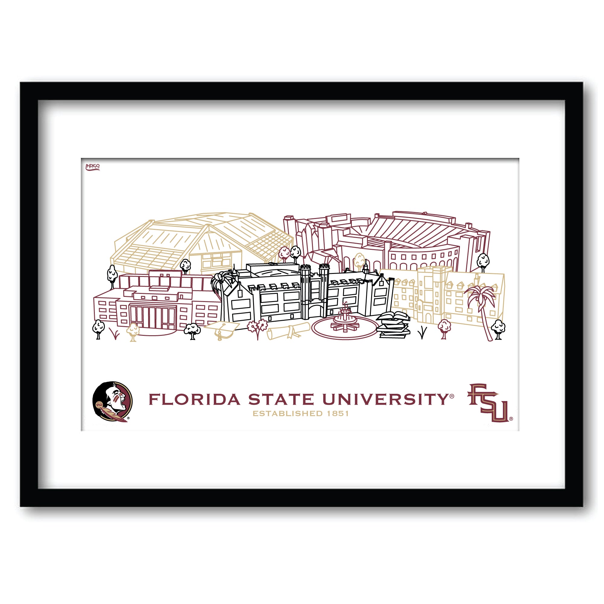 Florida State Seminoles Framed Campus Line Wall Art 11" x 14"