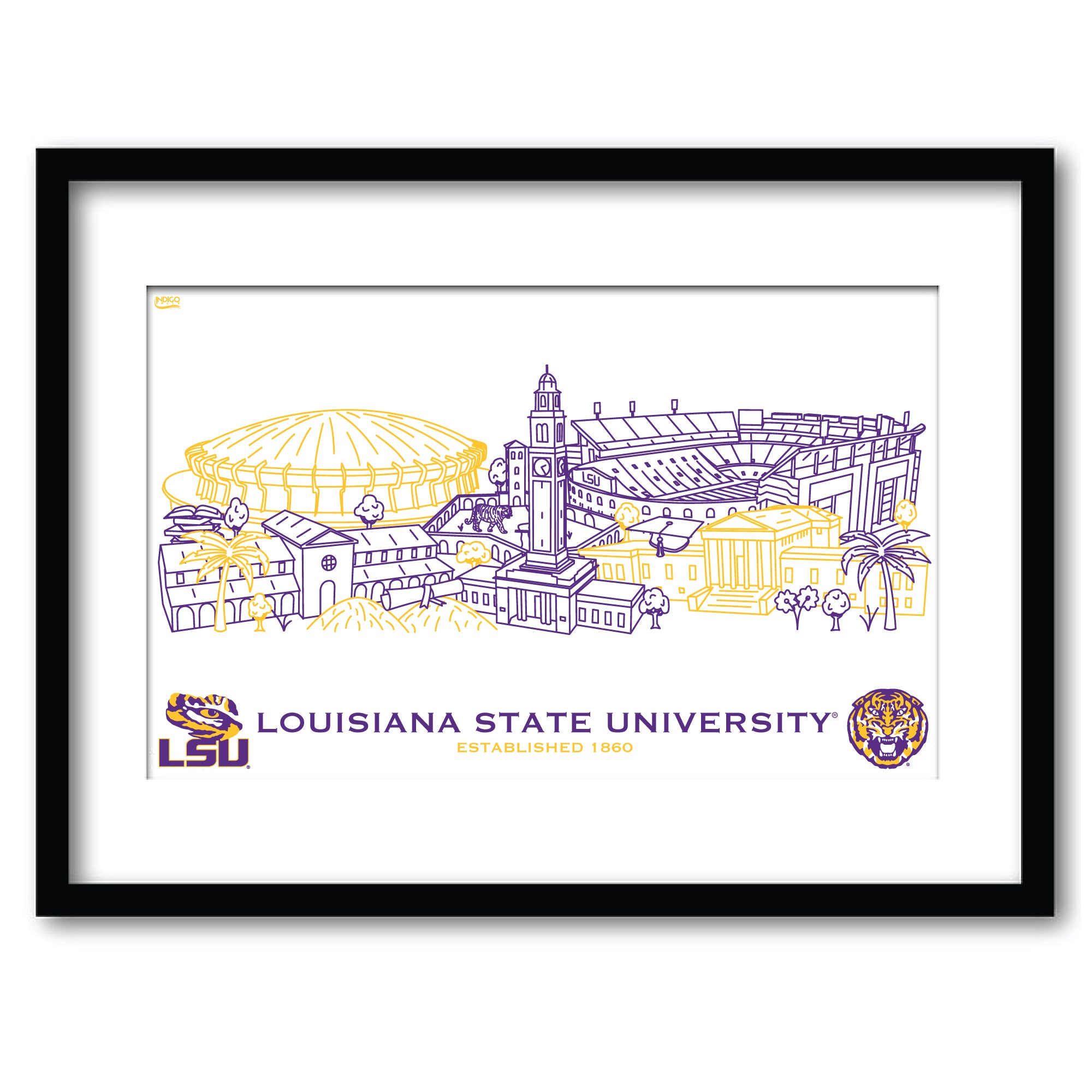 LSU Tigers Framed Campus Line Wall Art 11" x 14"
