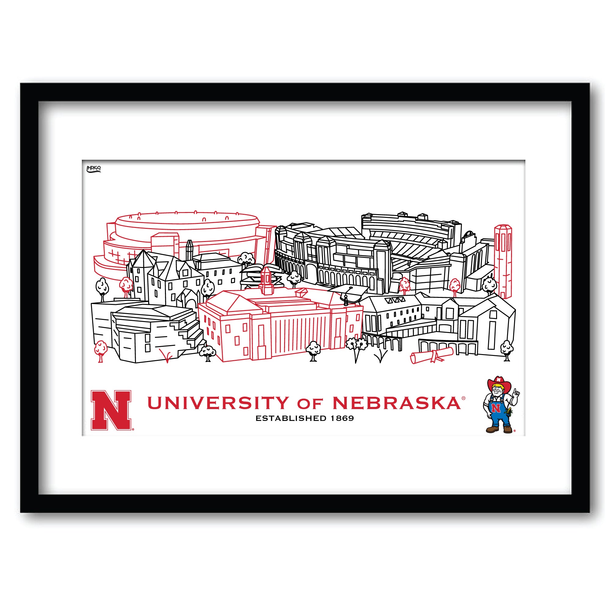 Nebraska Cornhuskers Framed Campus Line Wall Art 11" x 14"