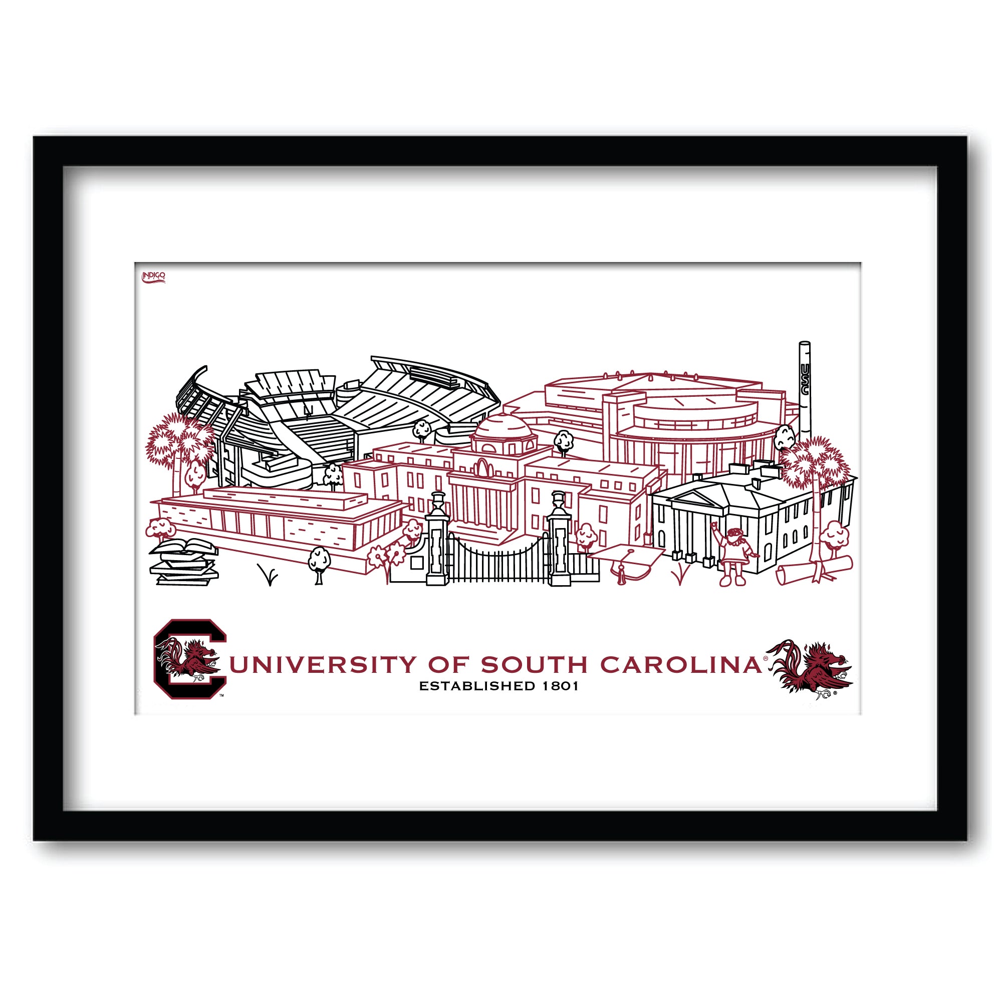 South Carolina Gamecocks Framed Campus Line Wall Art 11" x 14"