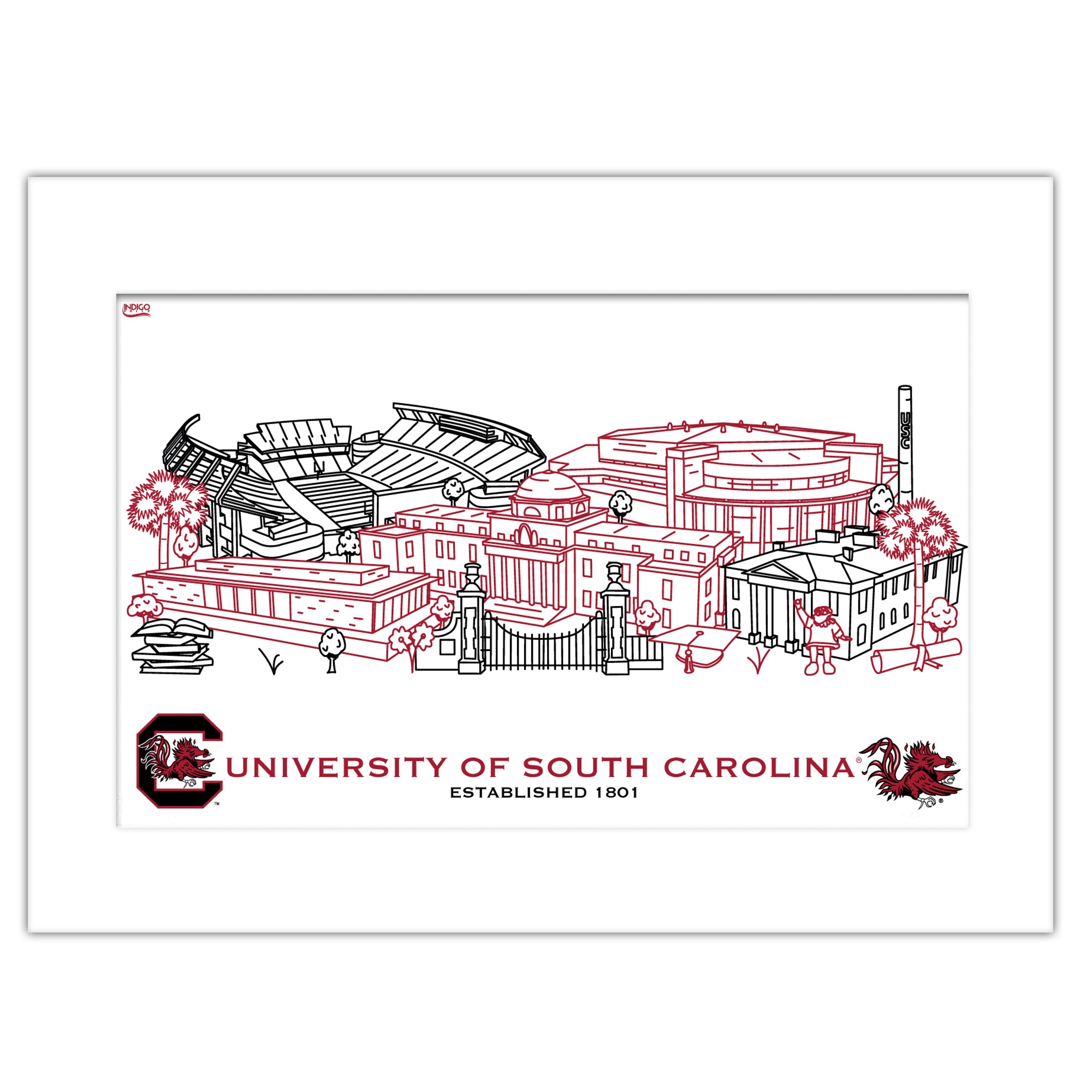 South Carolina Gamecocks Matted Campus Line Wall Art 11" x 14"