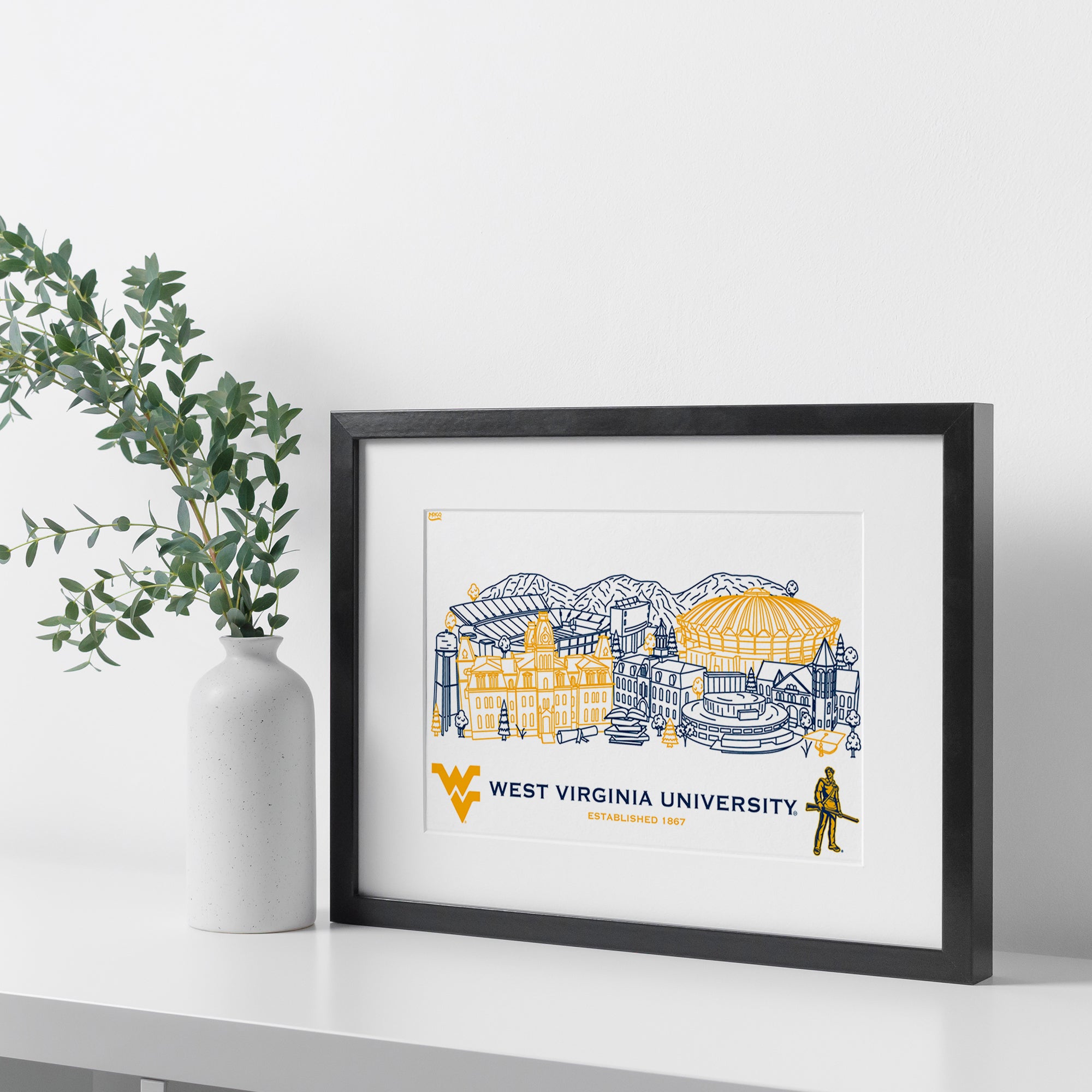 West Virginia Mountaineers Framed Campus Line Wall Art 11" x 14"