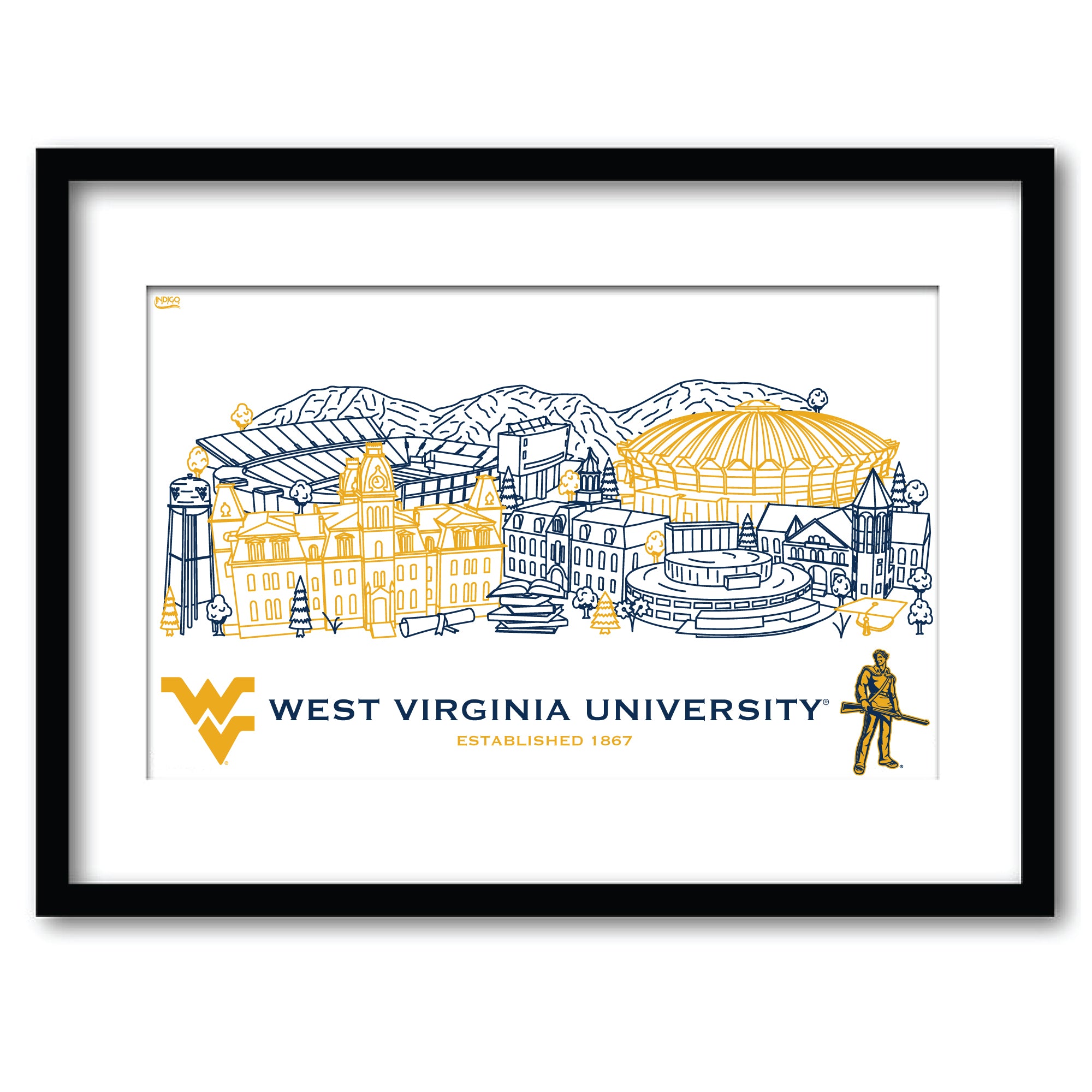 West Virginia Mountaineers Framed Campus Line Wall Art 11" x 14"