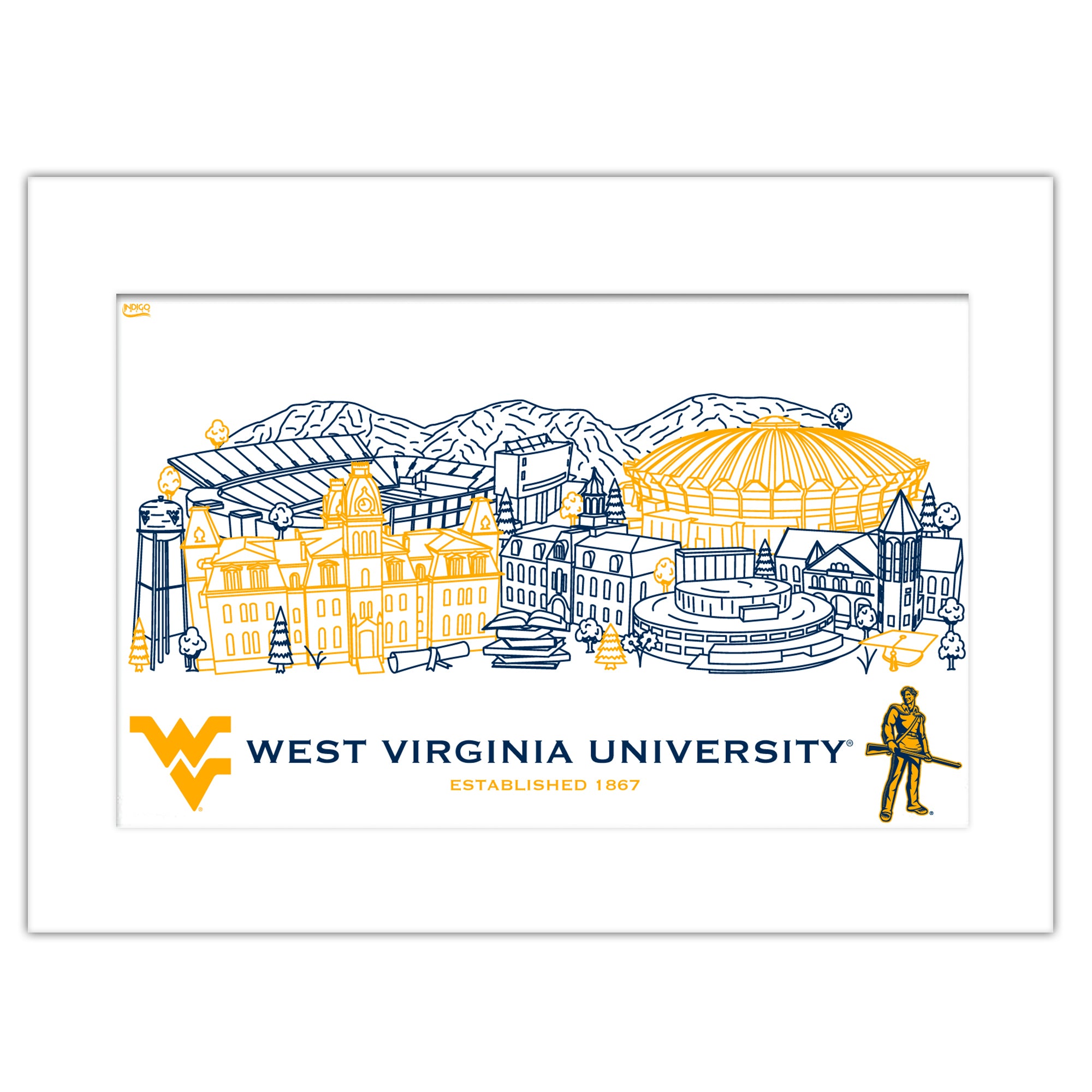 West Virginia Mountaineers Matted Campus Line Wall Art 11" x 14"