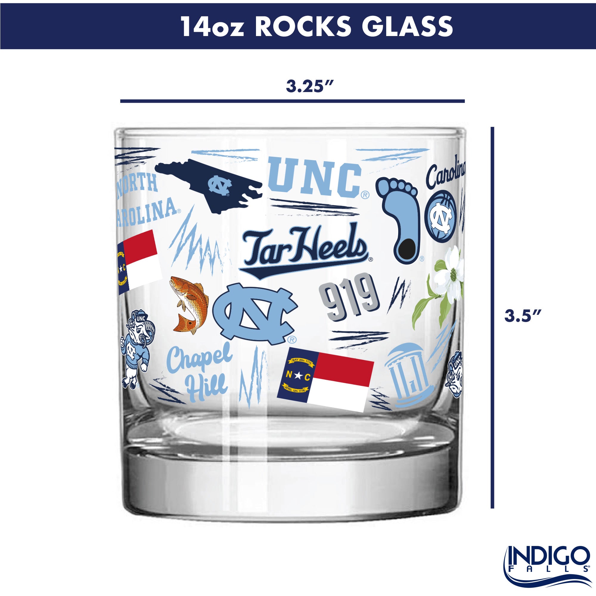Set of 2 North Carolina Tar Heels 14oz Local Rocks Glasses