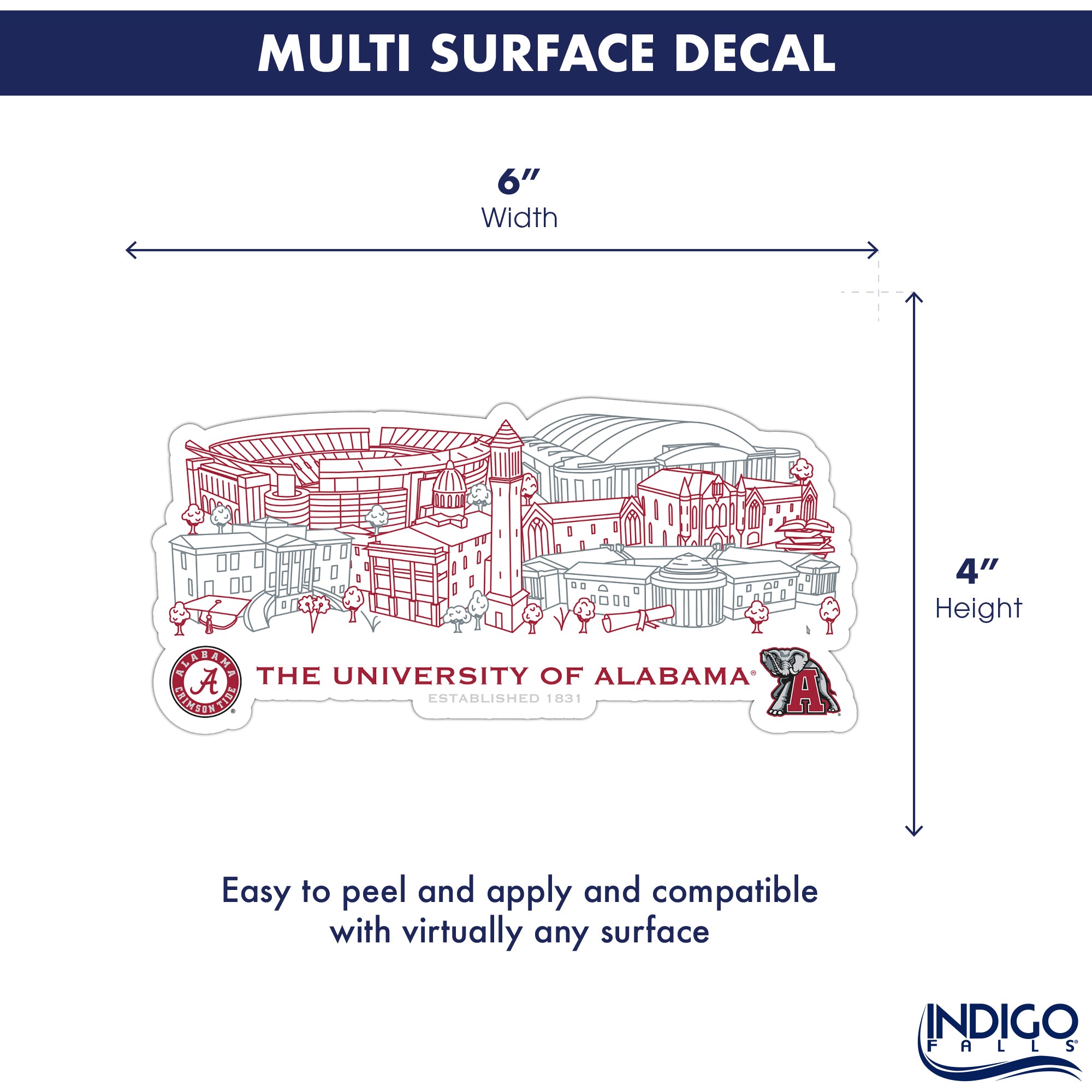 Alabama Crimson Tide Campus Line Art Decal 4" x 6"