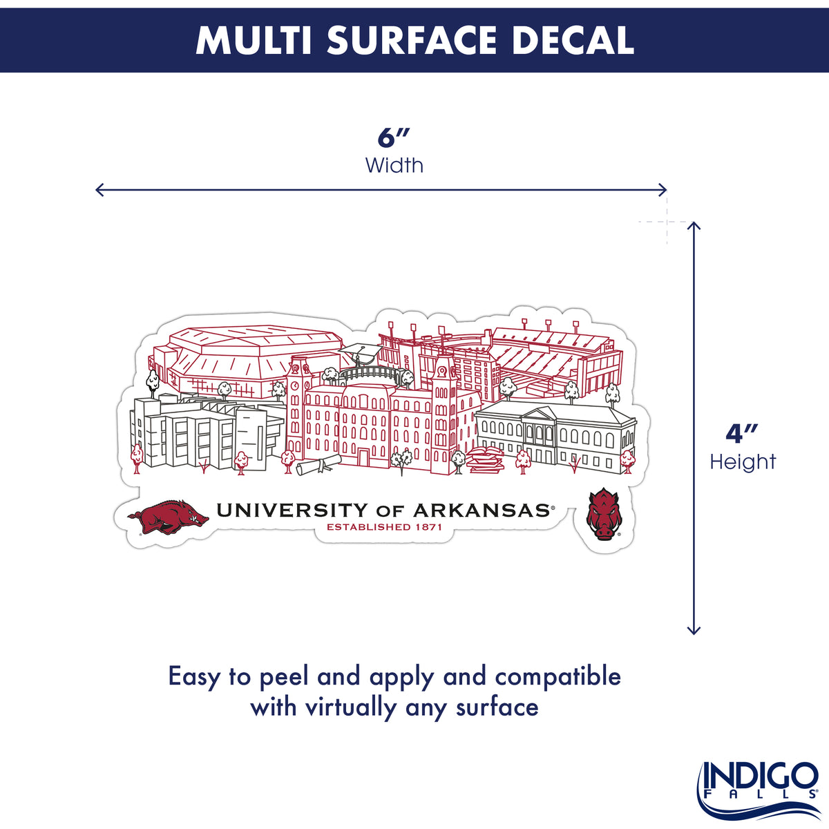 Arkansas Razorbacks Campus Line Art Decal 4" x 6"