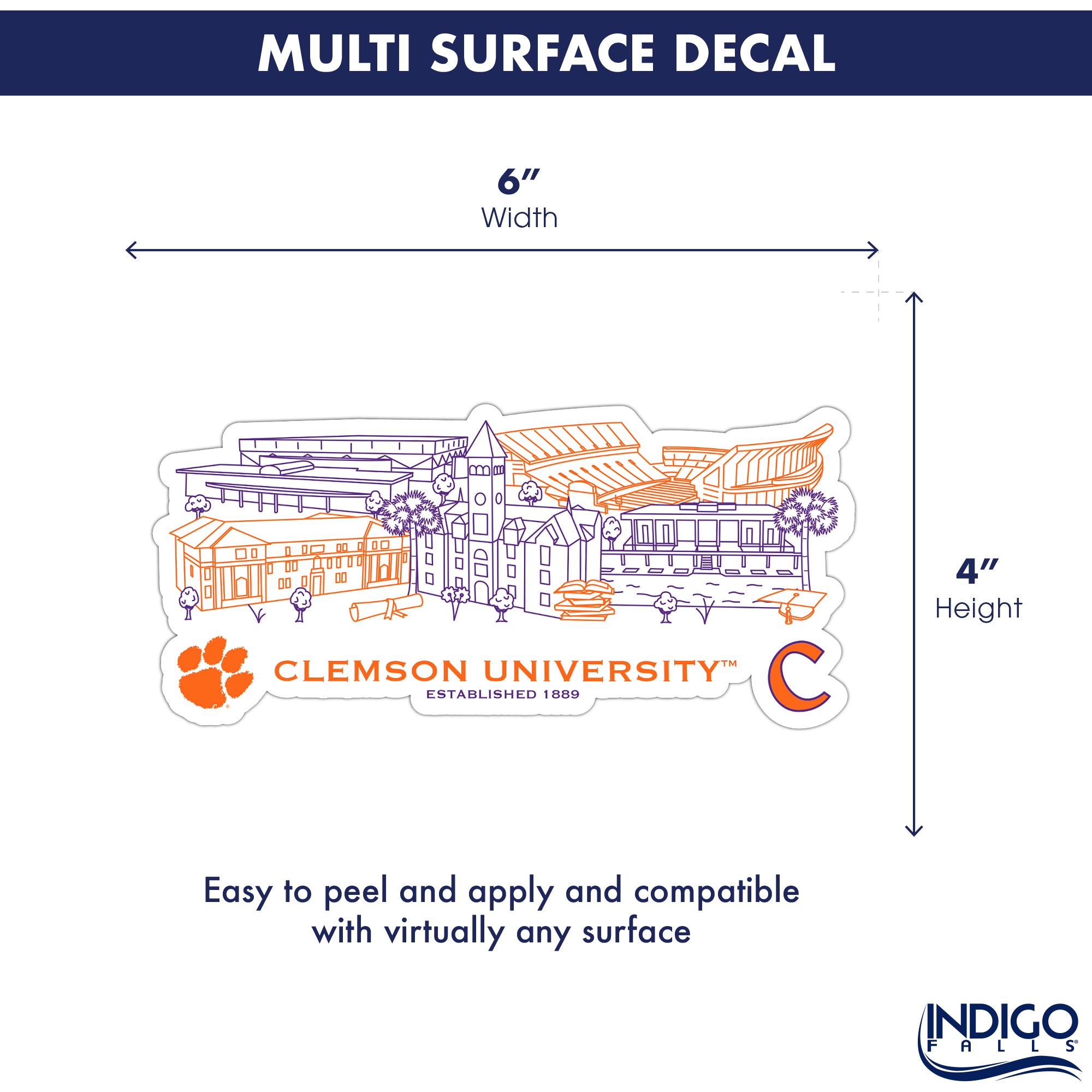 Clemson Tigers Campus Line Art Decal 4" x 6"