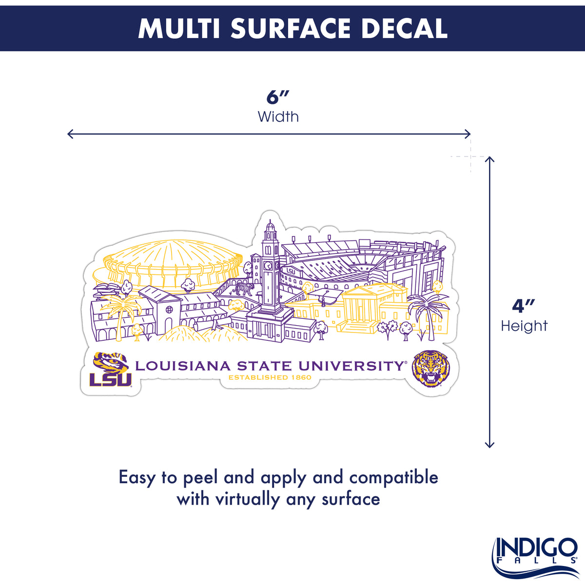 LSU Tigers Campus Line Art Decal 4" x 6"