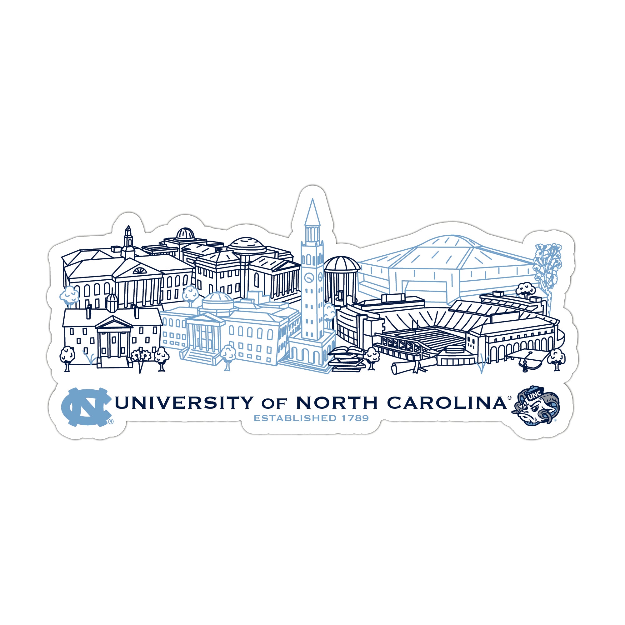 North Carolina Tar Heels Campus Line Art Decal 4" x 6"