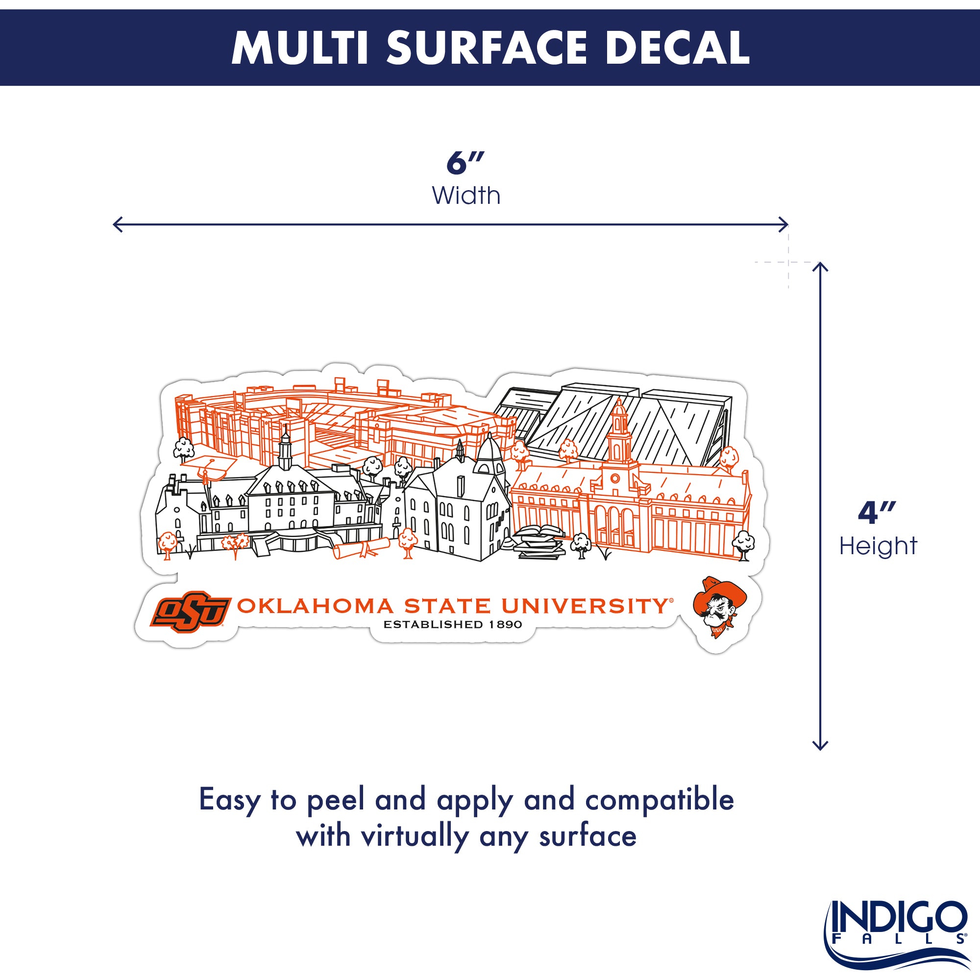 Oklahoma State Cowboys Campus Line Art Decal 4" x 6"