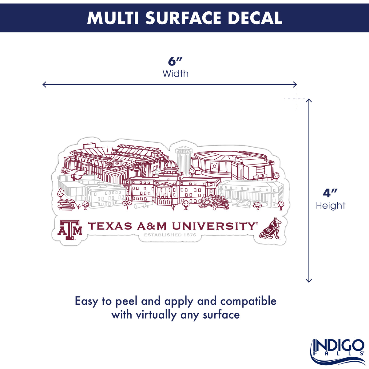 Texas A&M Aggies Campus Line Art Decal 4" x 6"