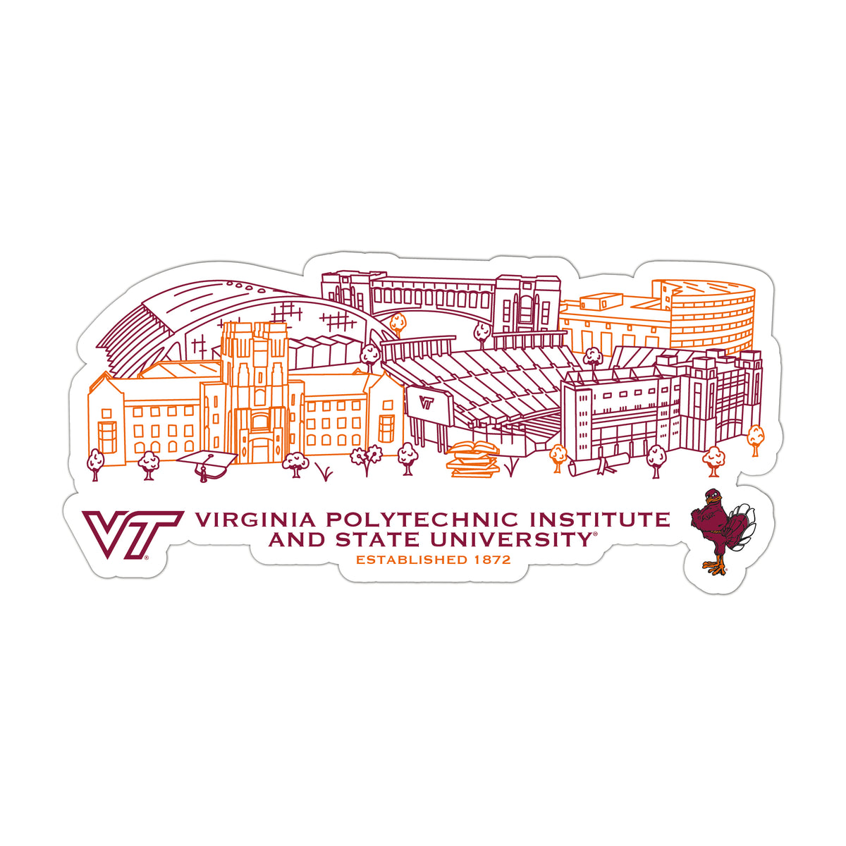 Virginia Tech Hokies Campus Line Art Decal 4" x 6"