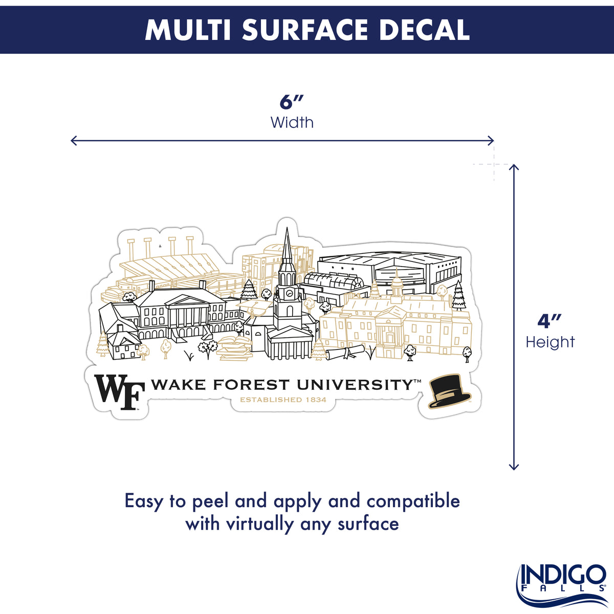 Wake Forest Demon Deacons Campus Line Art Decal 4" x 6"