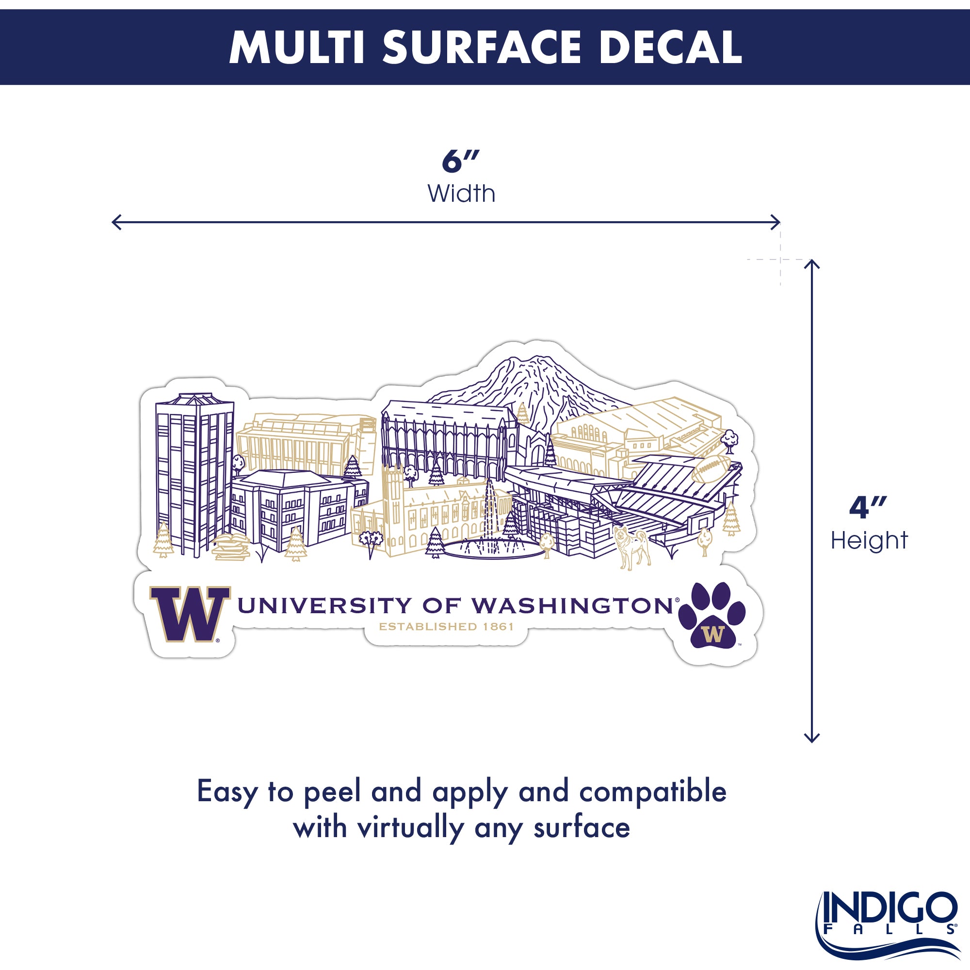 Washington Huskies Campus Line Art Decal 4" x 6"