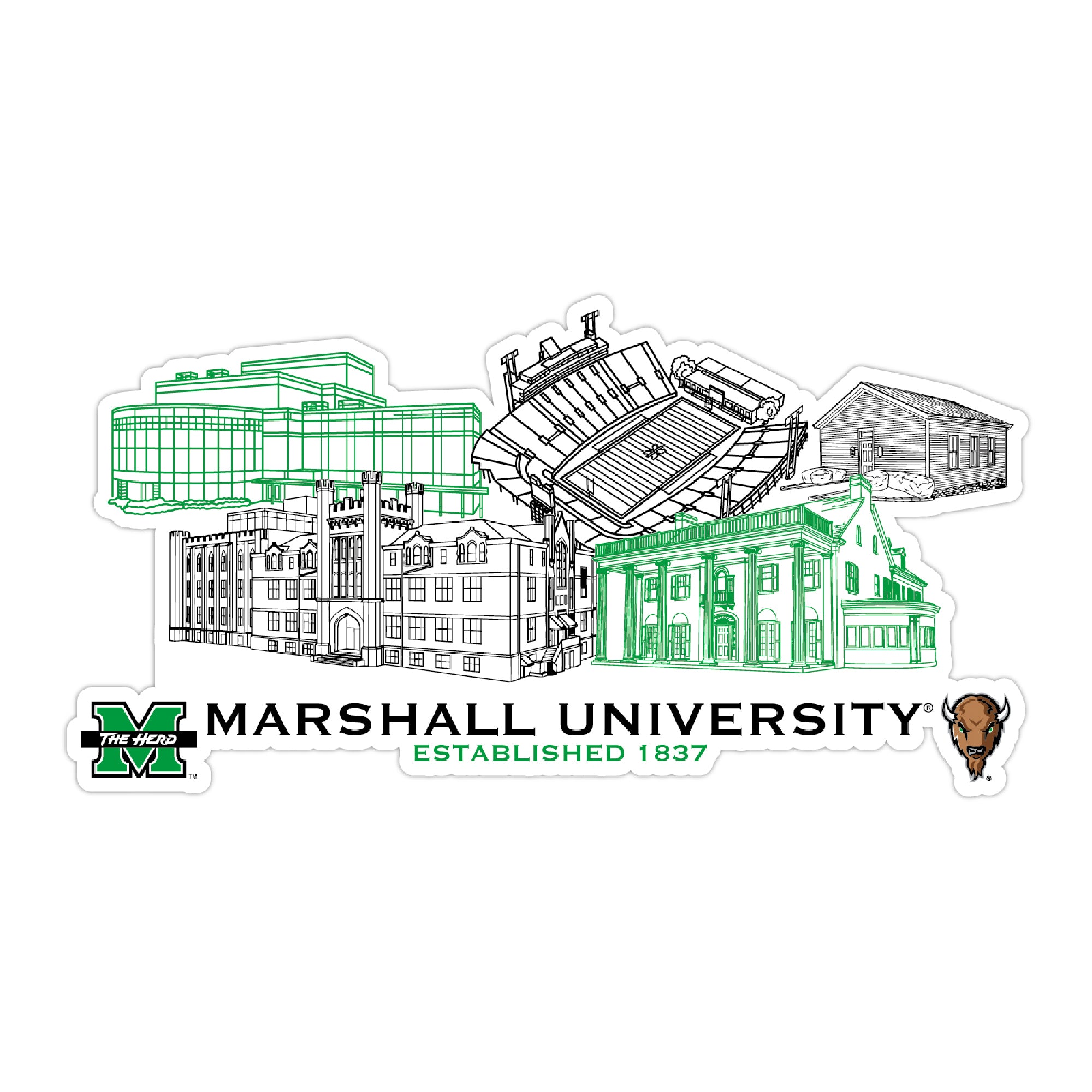 Marshall Thundering Herd Campus Line Art Decal 4" x 6"