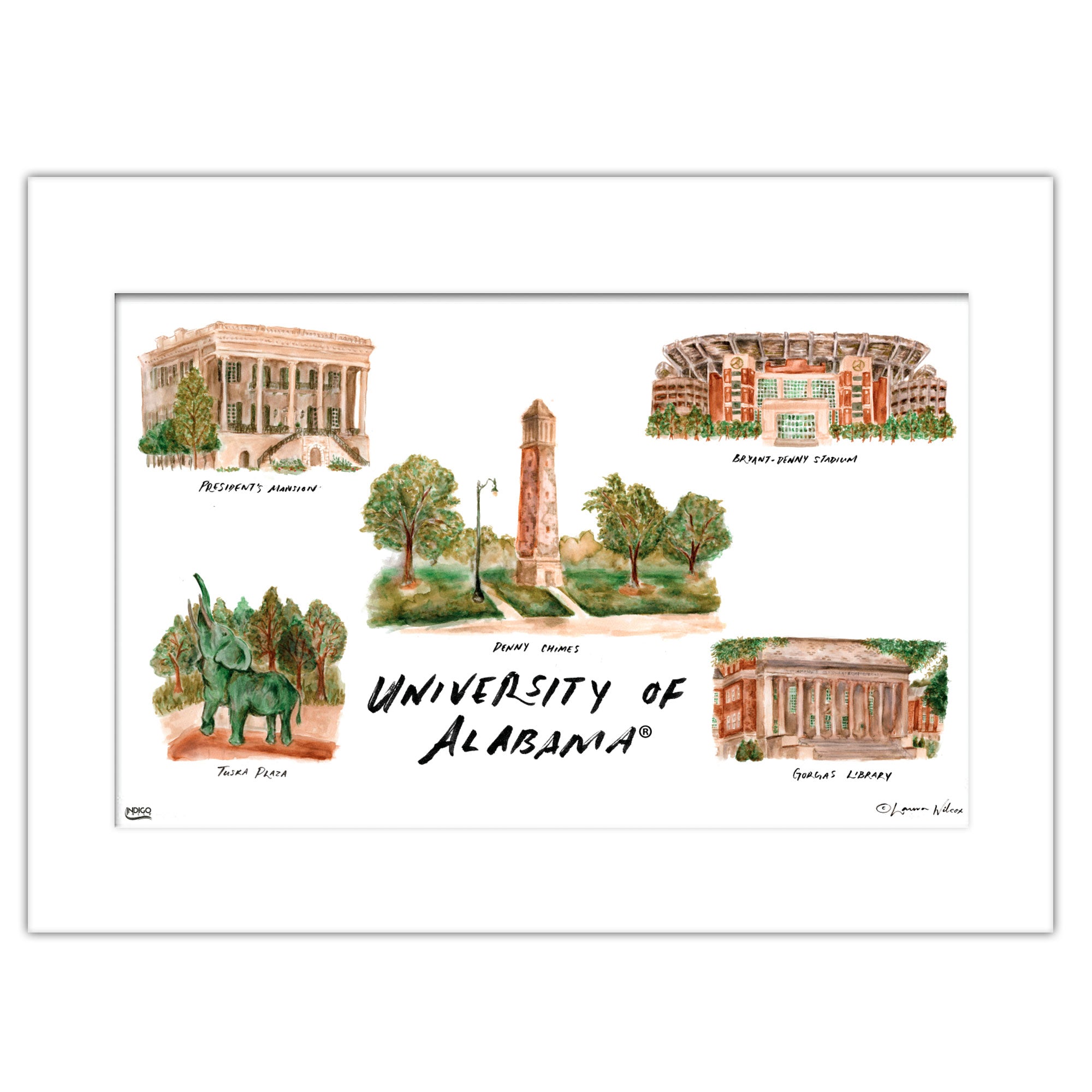 Alabama Collage, Matted Watercolor Wall Art 11" x 14" by Laura Wilcox
