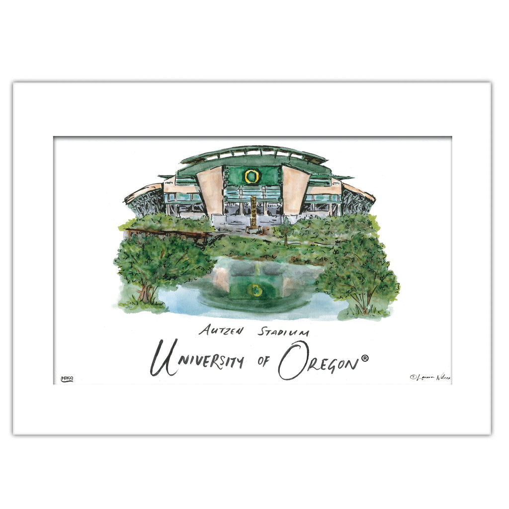 University of Oregon - Autzen Stadium, Matted Watercolor Wall Art 11" x 14" by Laura Wilcox