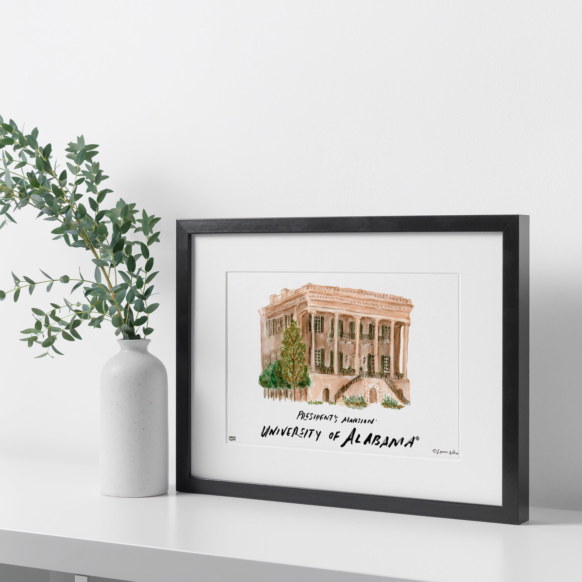 Alabama President's Mansion, Framed Watercolor Wall Art 16" x 20" by Laura Wilcox