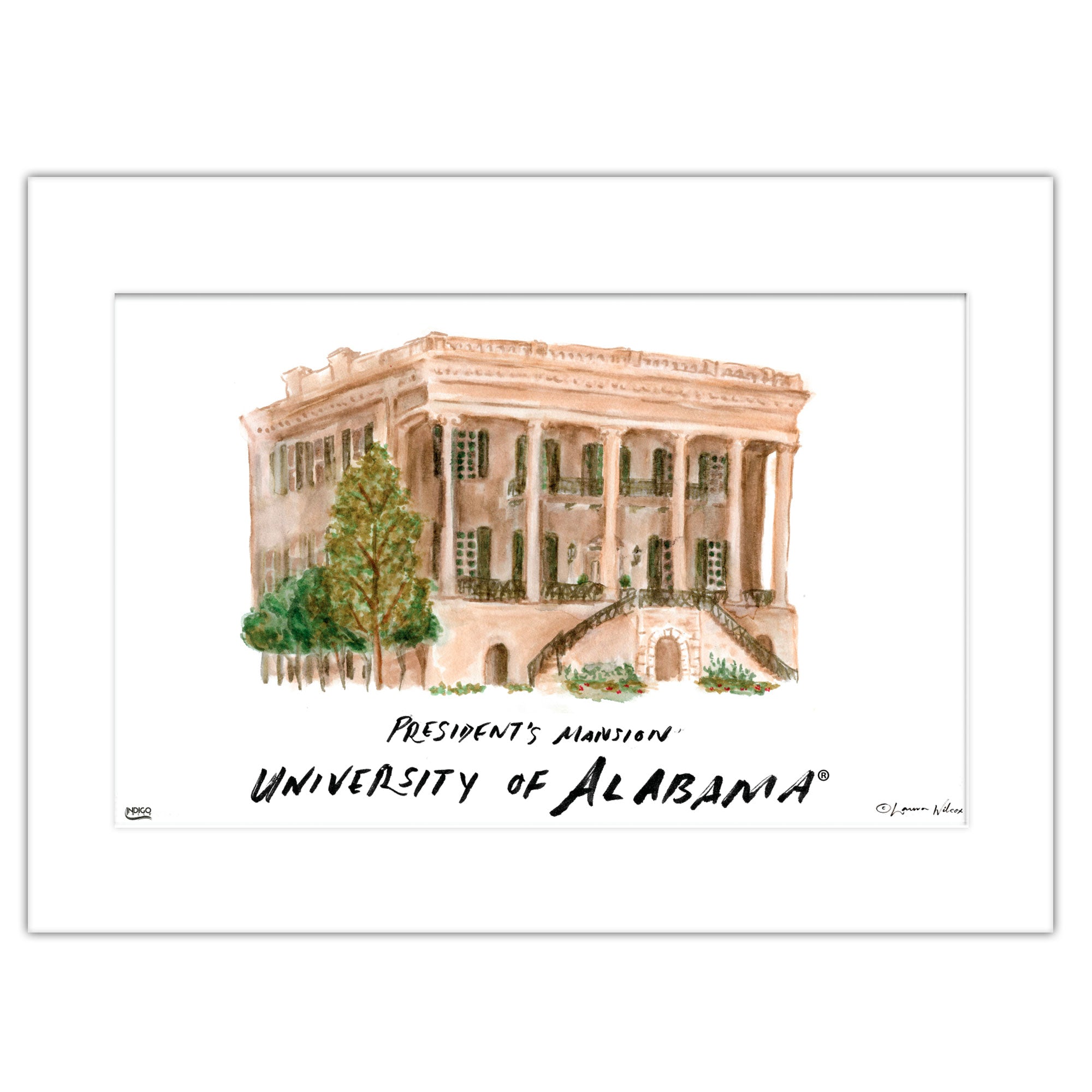 Alabama President's Mansion, Matted Watercolor Wall Art 16" x 20" by Laura Wilcox