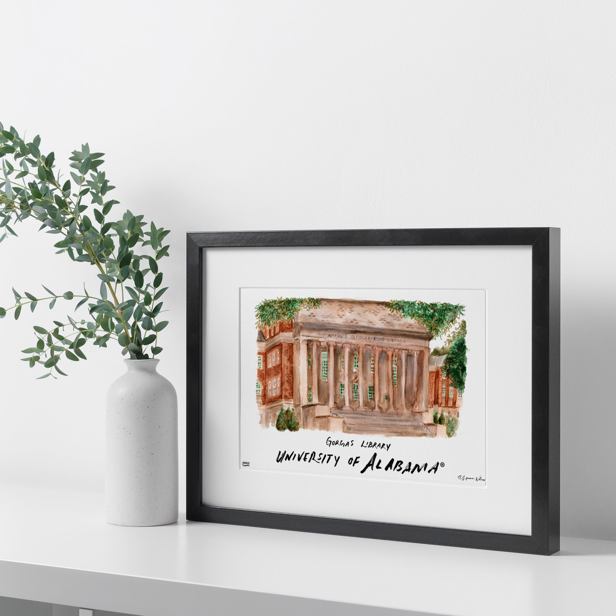 Alabama Gorgas Library, Framed Watercolor Wall Art 16" x 20" by Laura Wilcox