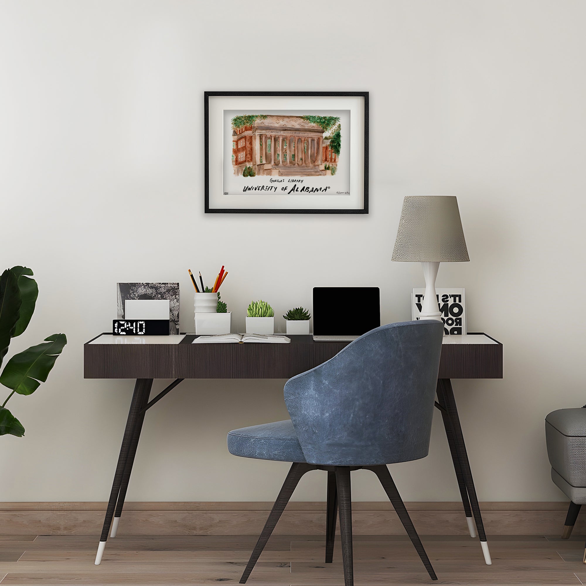 Alabama Gorgas Library, Framed Watercolor Wall Art 16" x 20" by Laura Wilcox