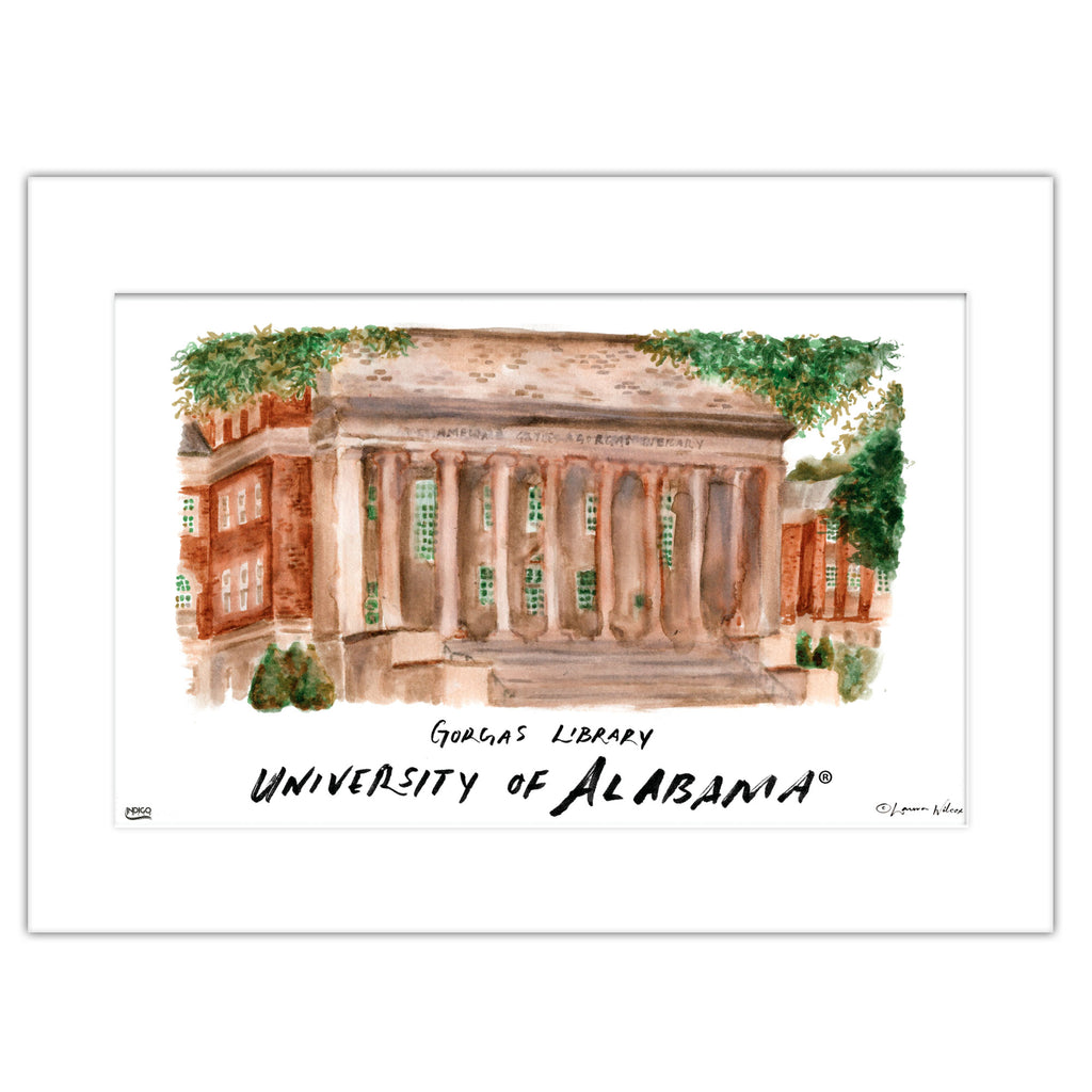 Alabama Gorgas Library, Matted Watercolor Wall Art 11" x 14" by Laura Wilcox