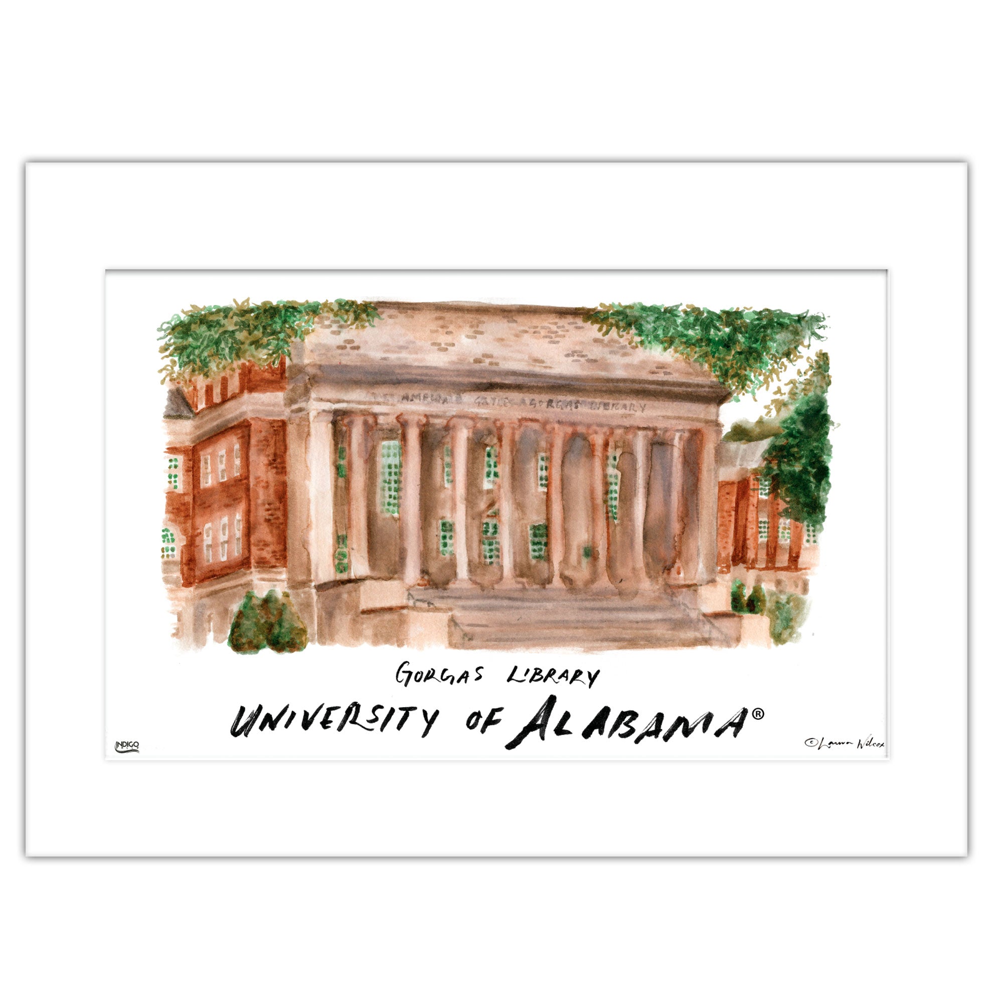 Alabama Gorgas Library, Matted Watercolor Wall Art 11" x 14" by Laura Wilcox