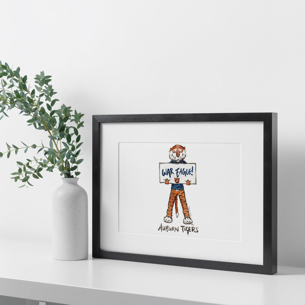 Auburn Tigers Mascot by Laura Wilcox, Framed Watercolor Wall Art 11" x 14"