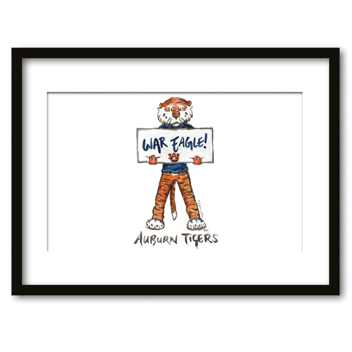Auburn Tigers Mascot by Laura Wilcox, Framed Watercolor Wall Art 11" x 14"