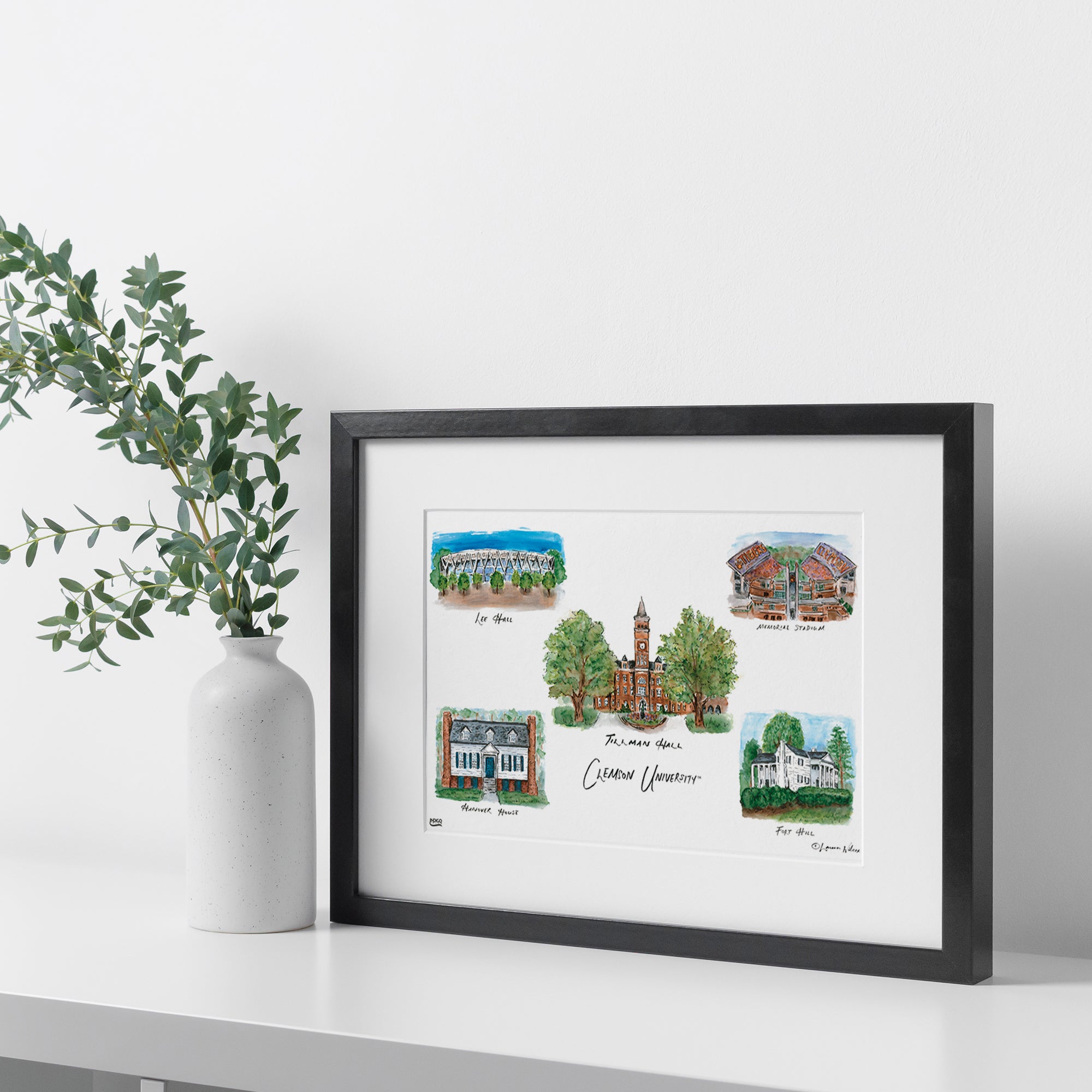 Clemson Collage, Framed Watercolor Wall Art 16" x 20" by Laura Wilcox