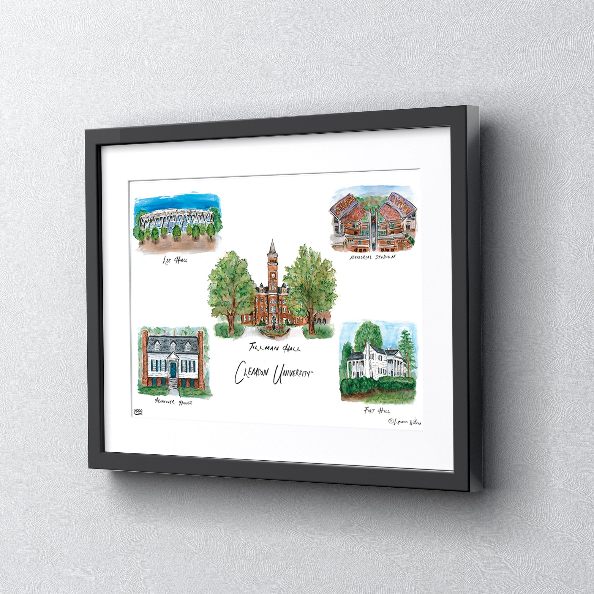 Clemson Collage, Framed Watercolor Wall Art 16" x 20" by Laura Wilcox