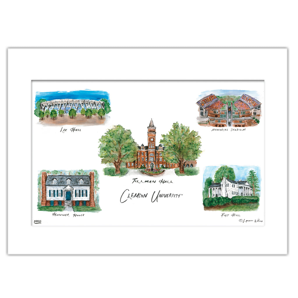 Clemson Collage, Matted Watercolor Wall Art 16" x 20" by Laura Wilcox