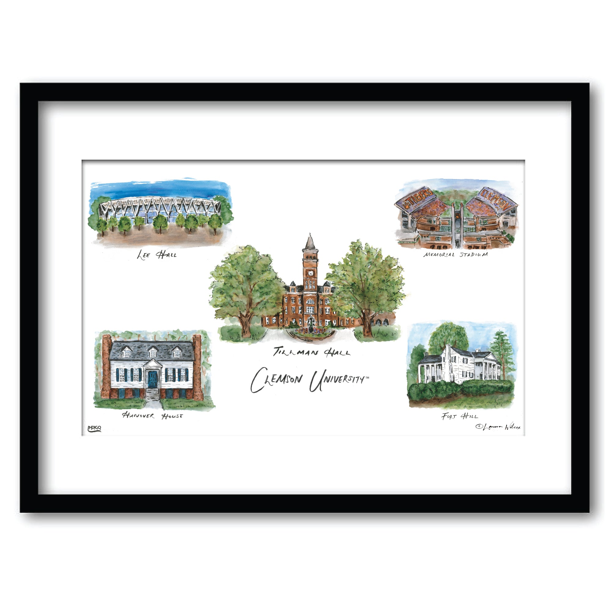Clemson Collage, Framed Watercolor Wall Art 16" x 20" by Laura Wilcox