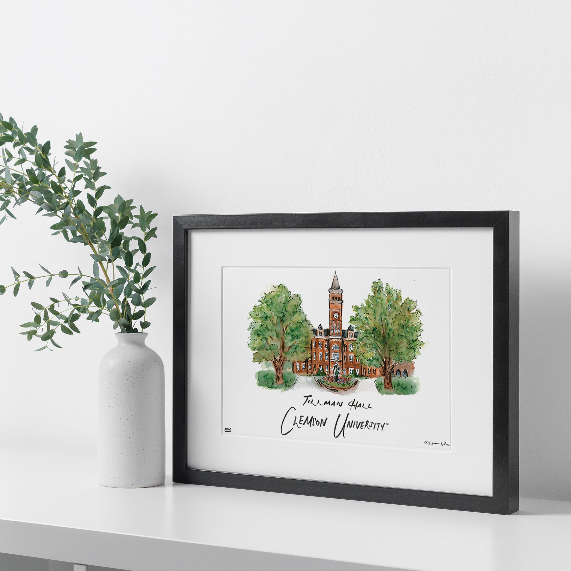 Clemson Tillman Hall, Framed Watercolor Wall Art 16" x 20" by Laura Wilcox