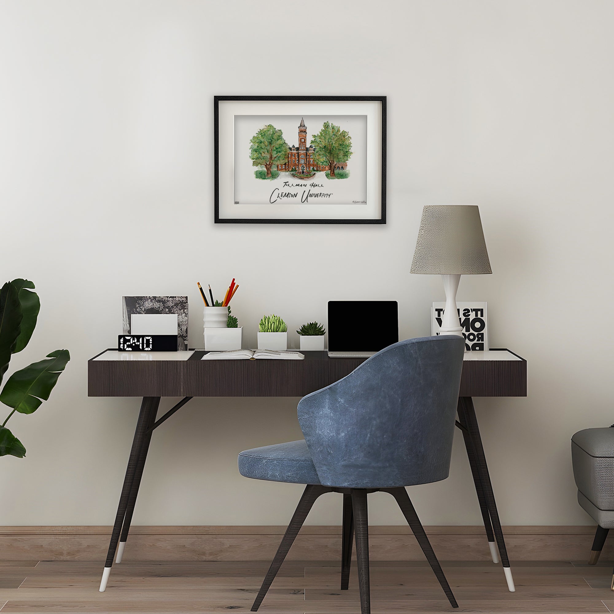 Clemson Tillman Hall, Framed Watercolor Wall Art 16" x 20" by Laura Wilcox