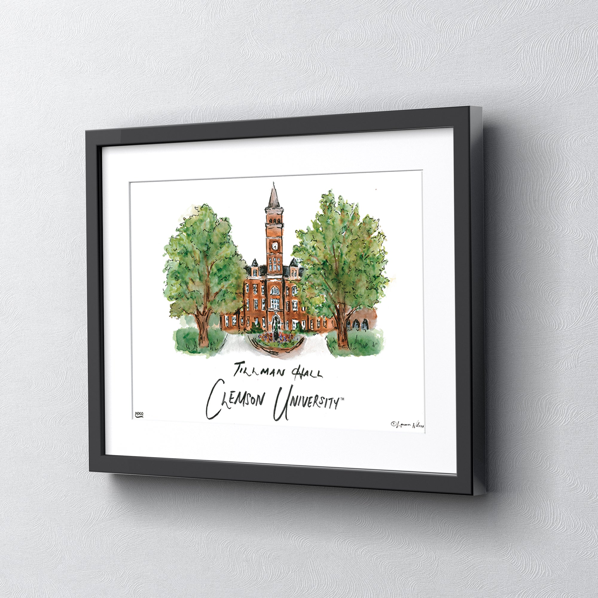 Clemson Tillman Hall, Framed Watercolor Wall Art 16" x 20" by Laura Wilcox