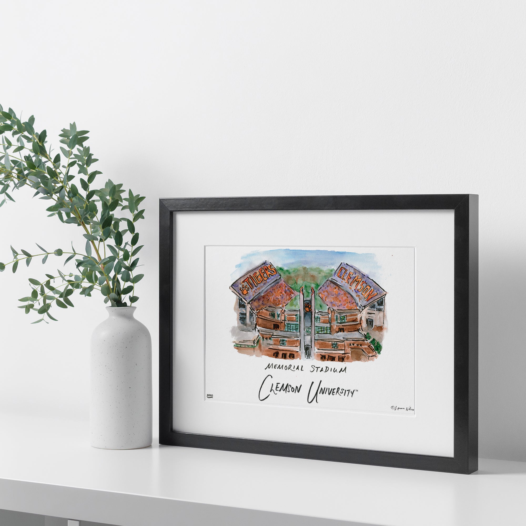 Clemson Memorial Stadium, Framed Watercolor Wall Art 16" x 20" by Laura Wilcox