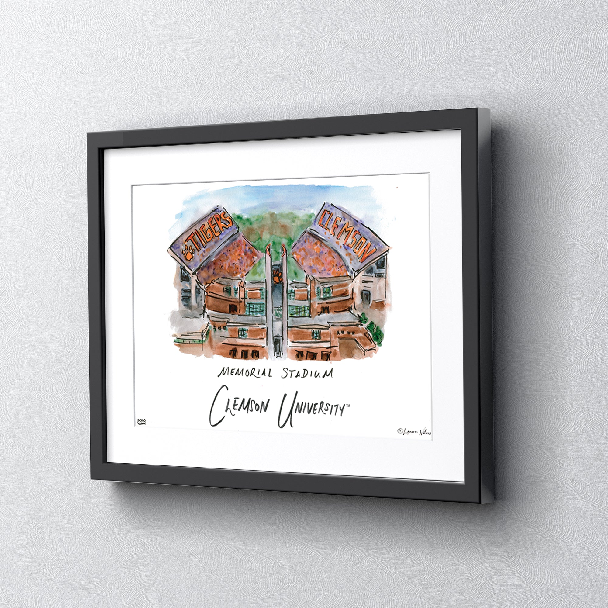 Clemson Memorial Stadium, Framed Watercolor Wall Art 16" x 20" by Laura Wilcox
