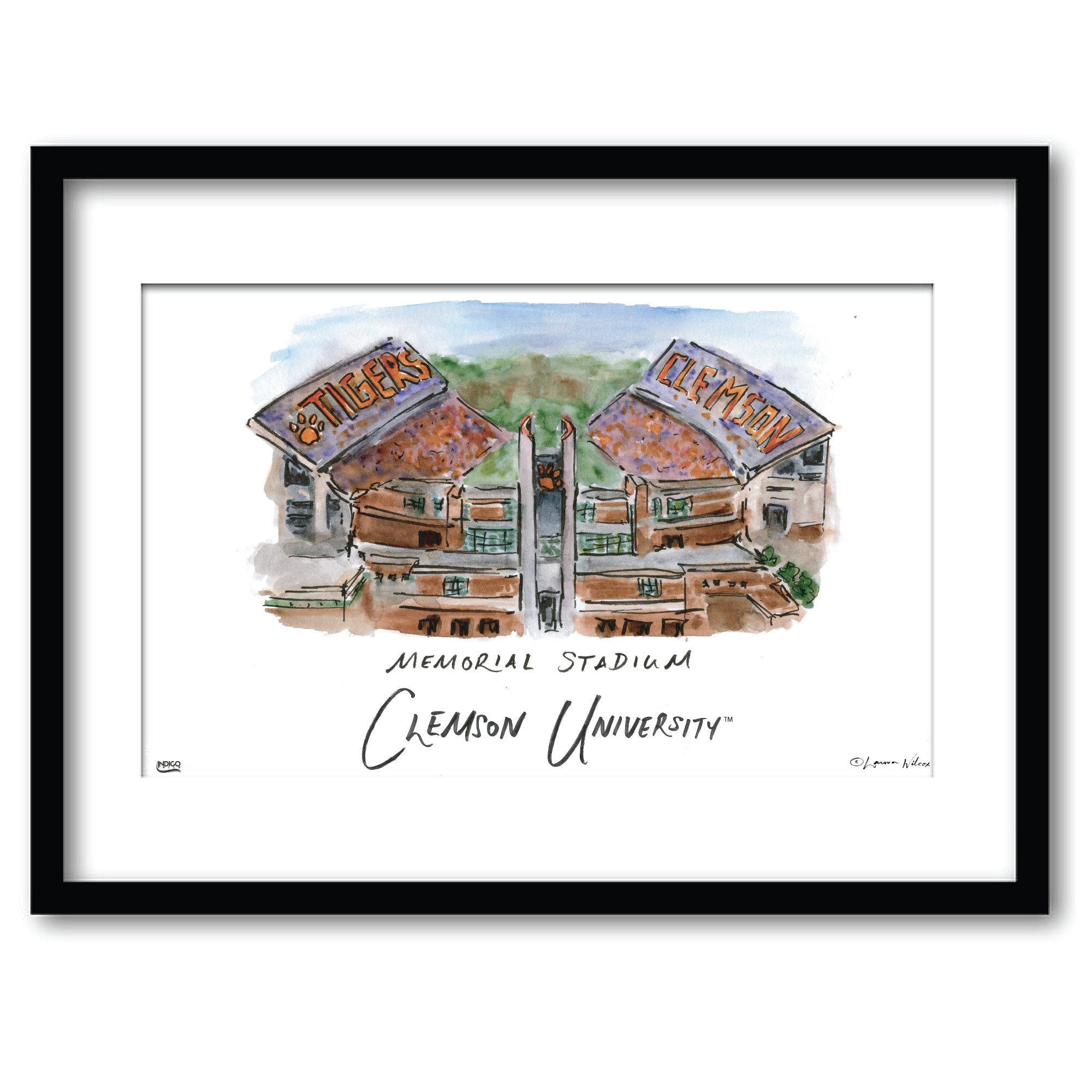 Clemson Memorial Stadium, Framed Watercolor Wall Art 11" x 14" by Laura Wilcox