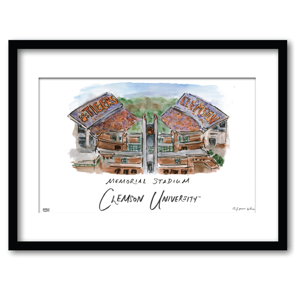 Clemson Memorial Stadium, Framed Watercolor Wall Art 16" x 20" by Laura Wilcox