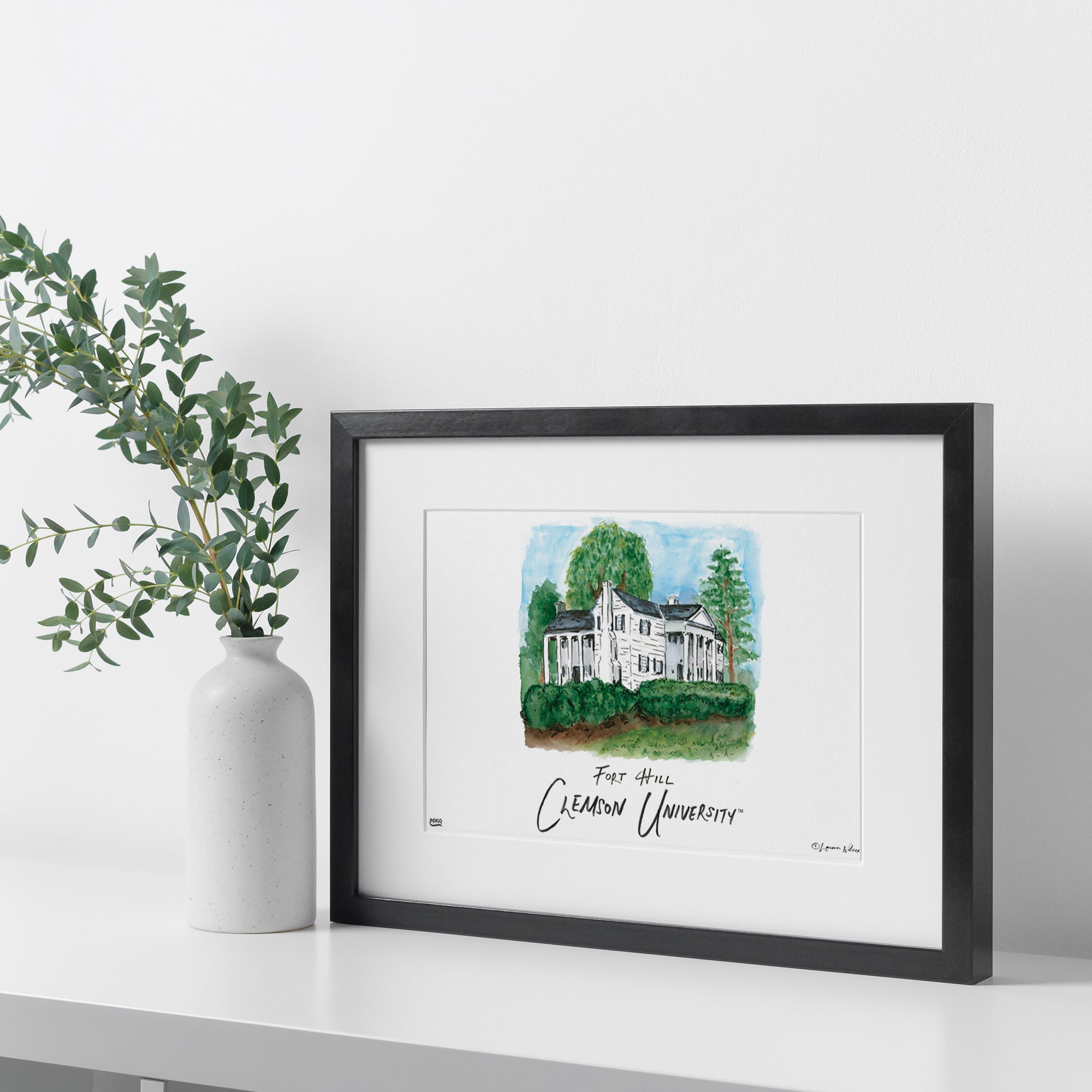 Clemson Fort Hill, Framed Watercolor Wall Art 16" x 20" by Laura Wilcox