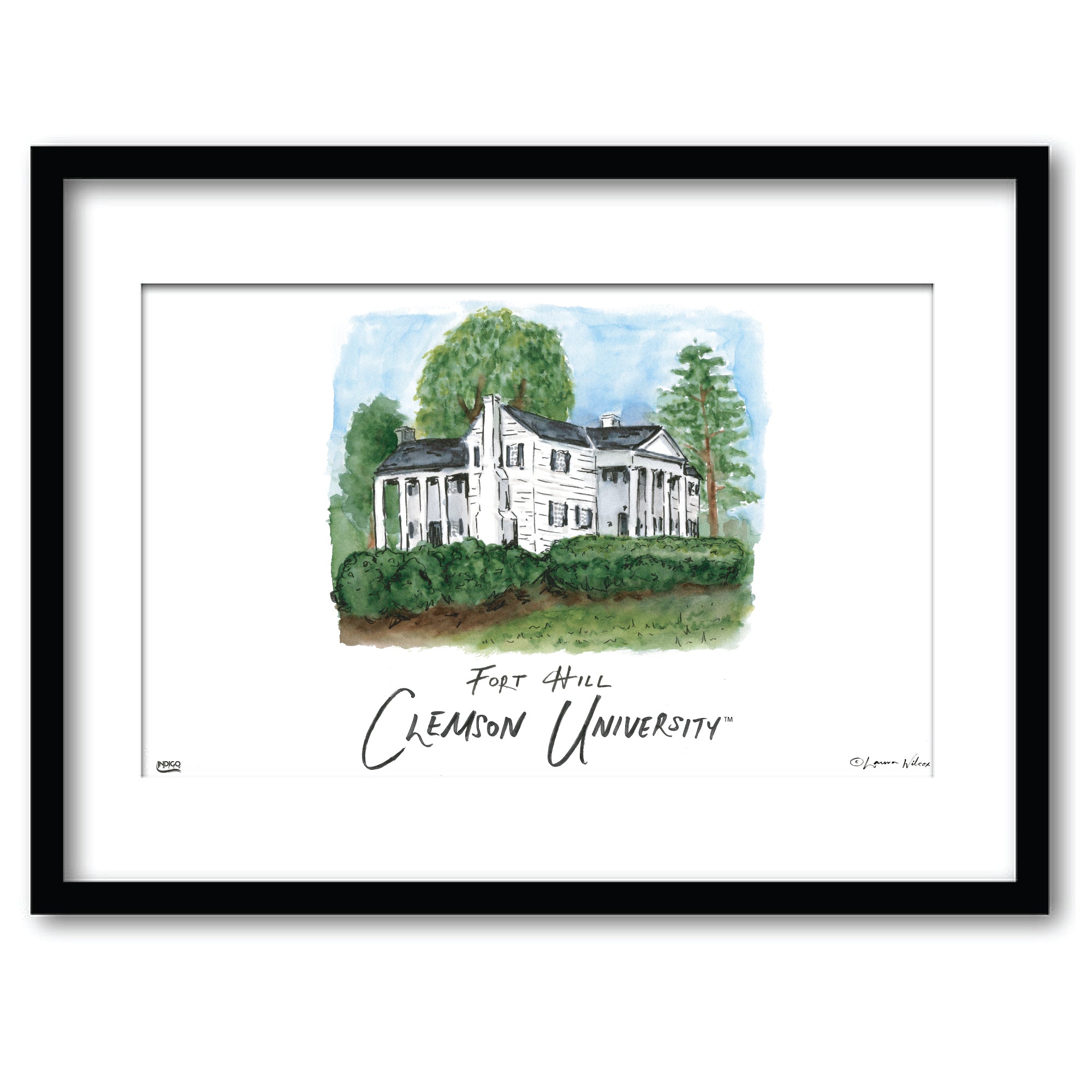 Clemson Fort Hill, Framed Watercolor Wall Art 16" x 20" by Laura Wilcox