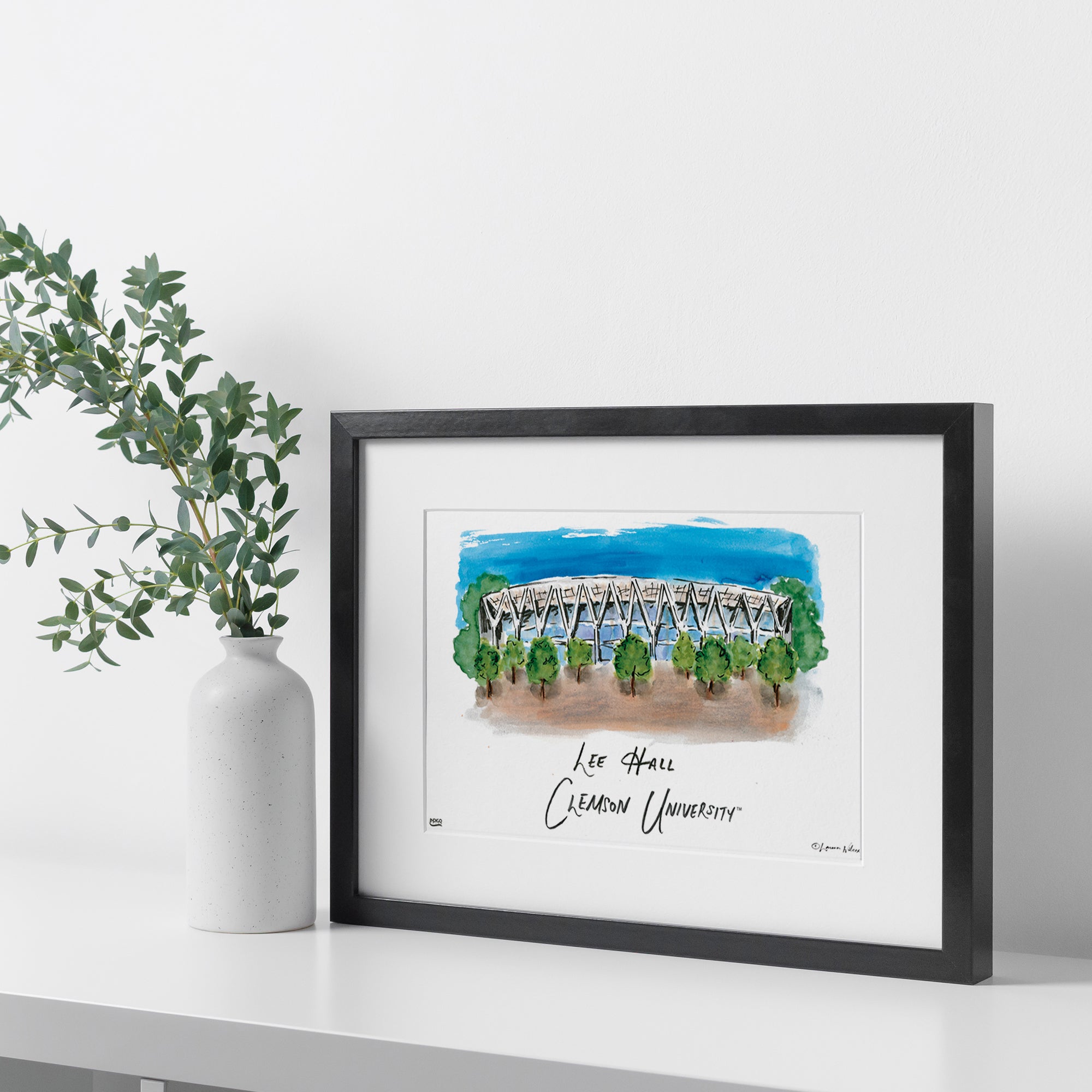Clemson Lee Hall, Framed Watercolor Wall Art 16" x 20" by Laura Wilcox