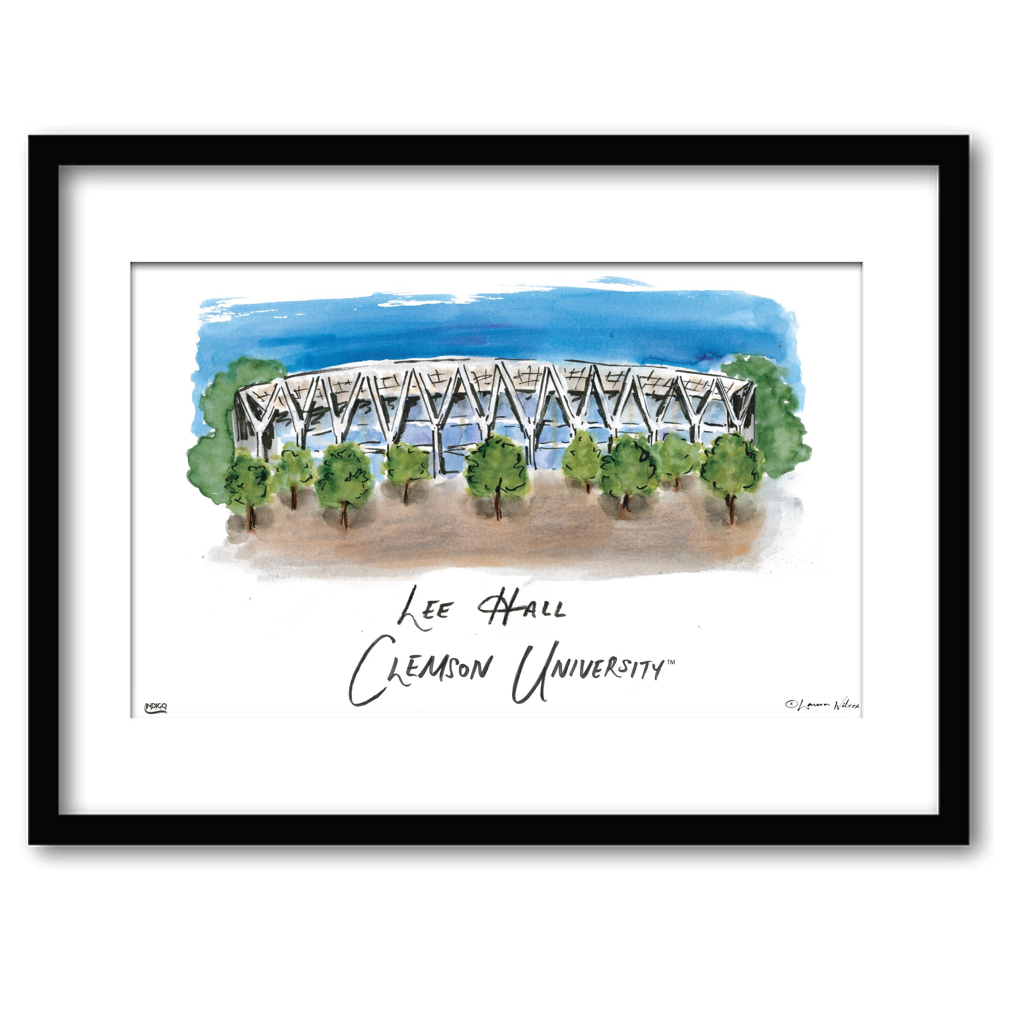 Clemson Lee Hall, Framed Watercolor Wall Art 11" x 14" by Laura Wilcox