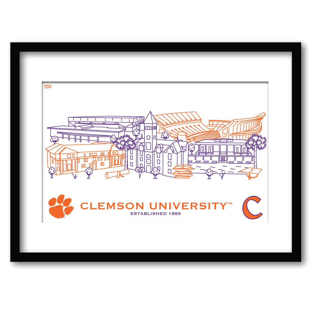 Clemson Tigers Framed Campus Line Wall Art 11" x 14"