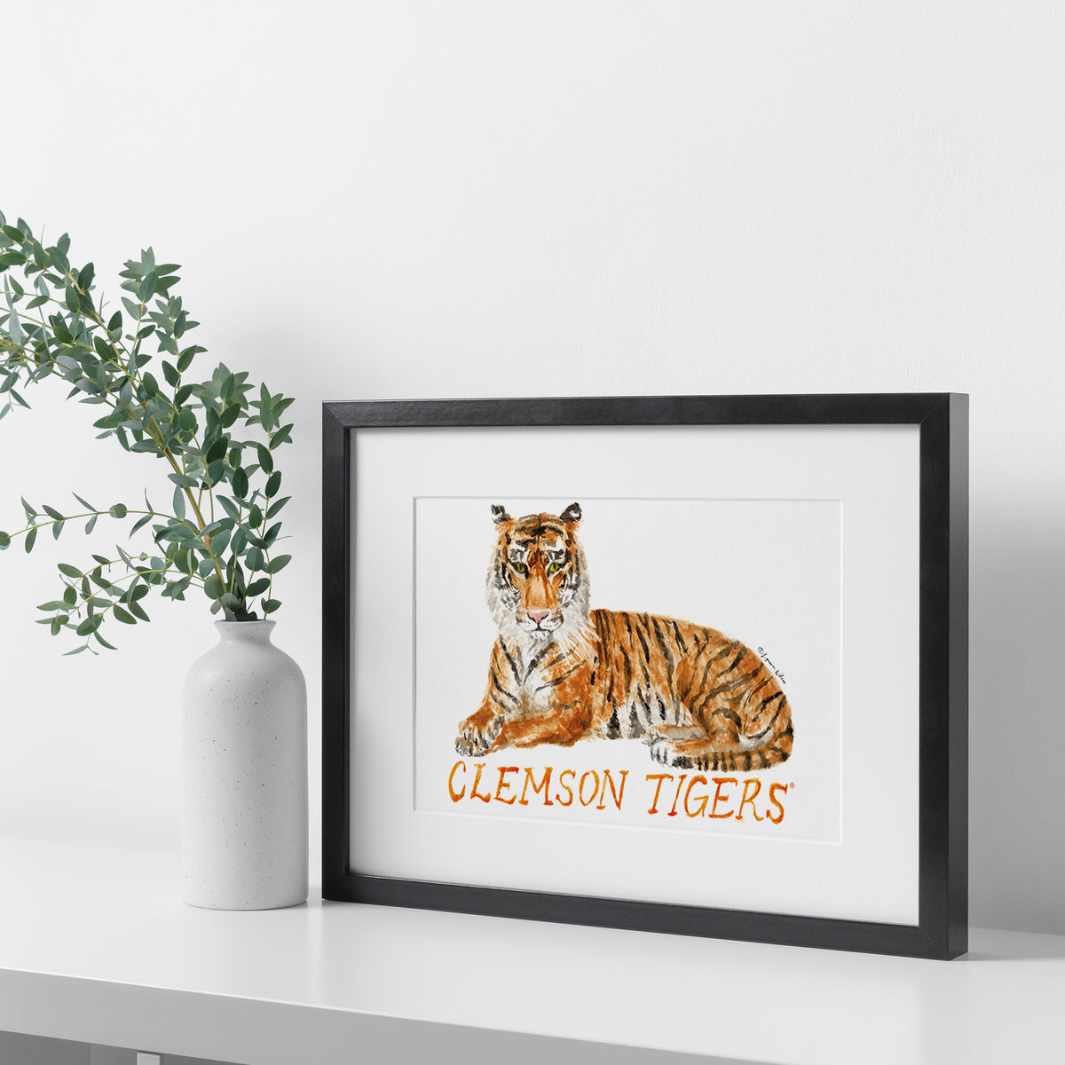 Clemson Tigers Mascot by Laura Wilcox, Framed Watercolor Wall Art 16" x 20"